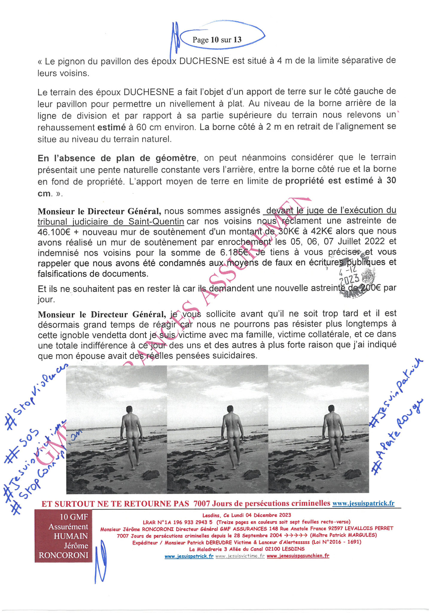 7d)NON ASSISTANCE A PERSONNES EN DANGER 10 sur 13 GMF ASSURANCES ASSURÉMENT HUMAIN !!! NON ASSISTANCE A PERSONNES EN DANGER Ma 1ère LRAR du 04 Décembre 2023 adressée en vain  à Monsieur Eric RONCORONI le Directeur Général de GMF ASSURANCES