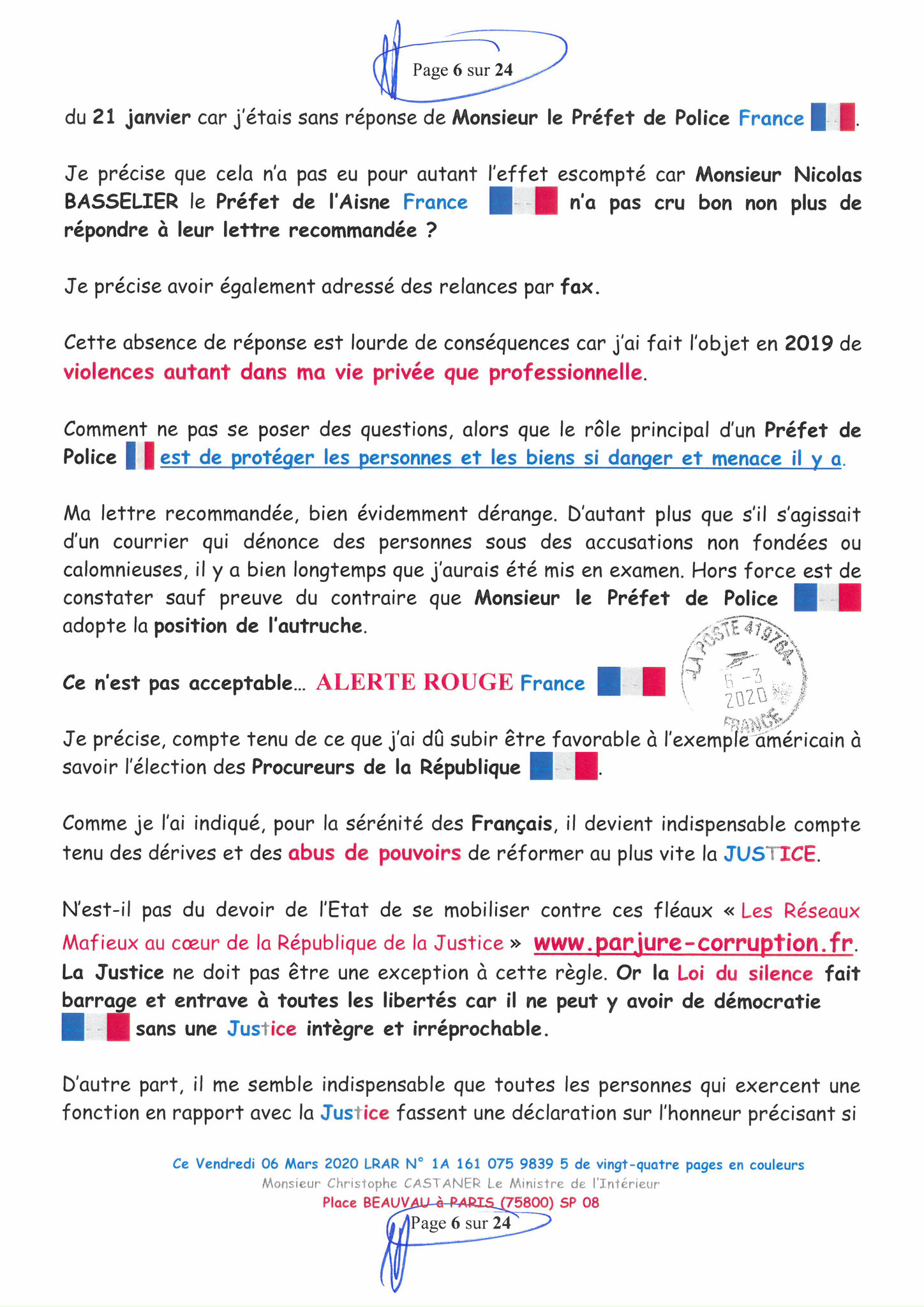 Ma LRAR à Monsieur le Ministre de l'Intérieur Christophe CASTANER N°1A 161 075 9839 5  Page 6 sur 24 en couleur du 06 Mars 2020  www.jesuispatrick.fr