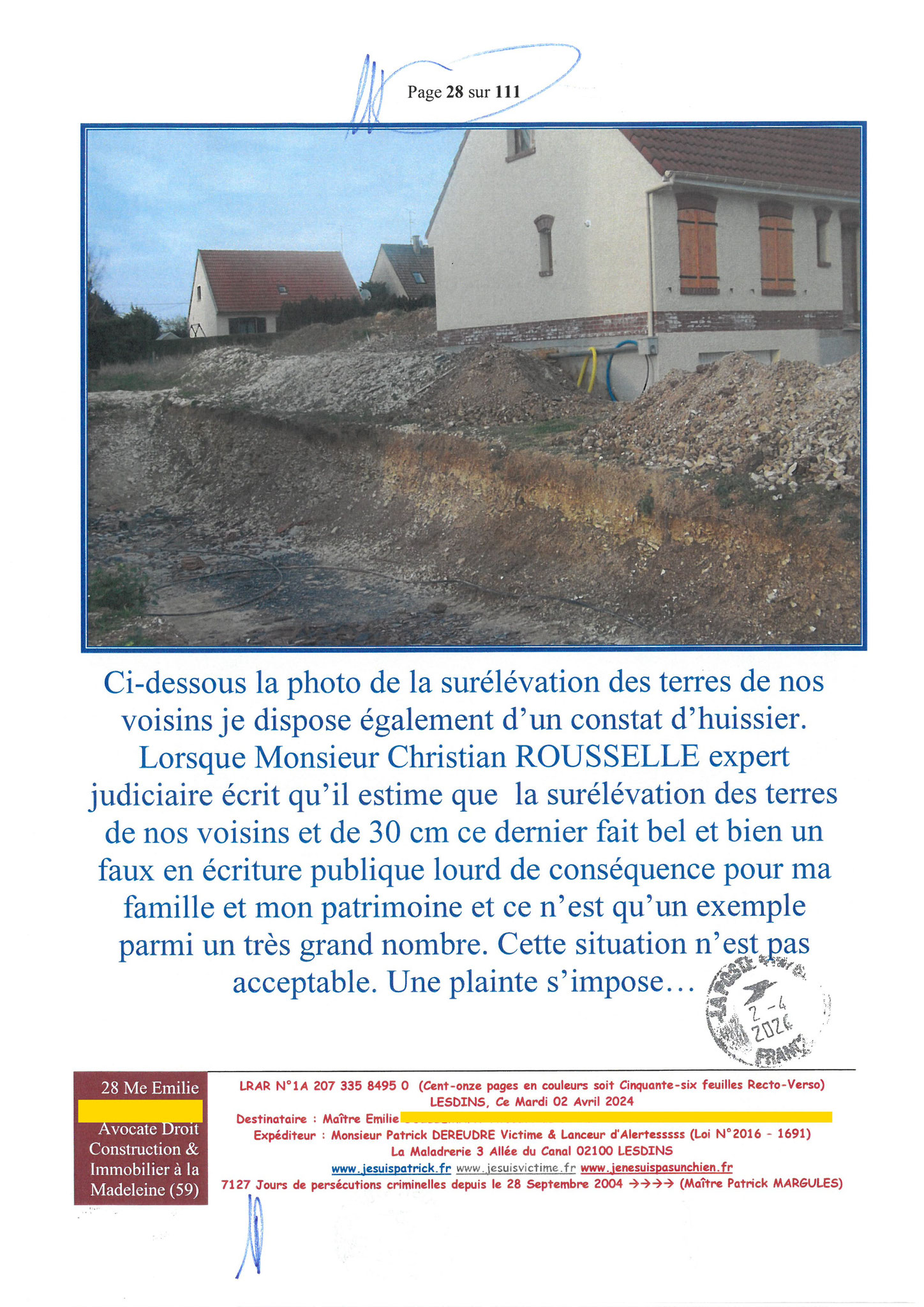 28 sur 111 AFFAIRE CRIMINELLE «MES CHERS VOISINS» Maître vous êtes corrompue 1ère LETTRE RECOMMANDEE OUVERTE MISE EN DEMEURE Mardi 02 Avril 2024