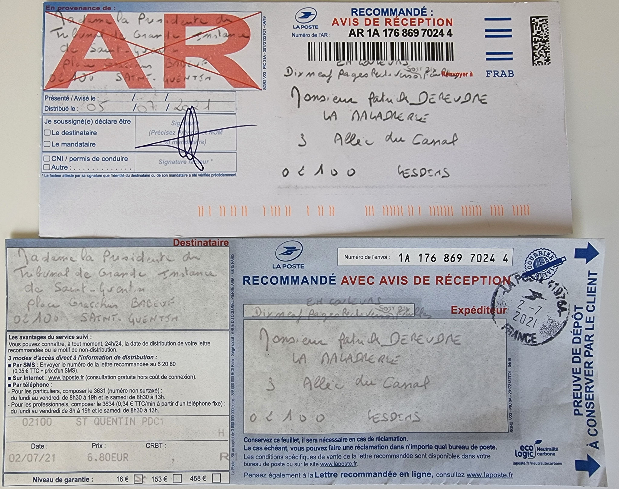 Ma lettre du 02 Juillet 2021 adressée au TRIBUNAL DE GRANDE INSTANCE de SAINT-QUENTIN  sans réponse situation lourde de conséquences www.jesuisvictime.fr www.jenesuispasunchien.fr www.jesuisenvie.fr ALERTE ROUGE TRISTE FRANCE CORRUPTION GENERALISEE EN FRA