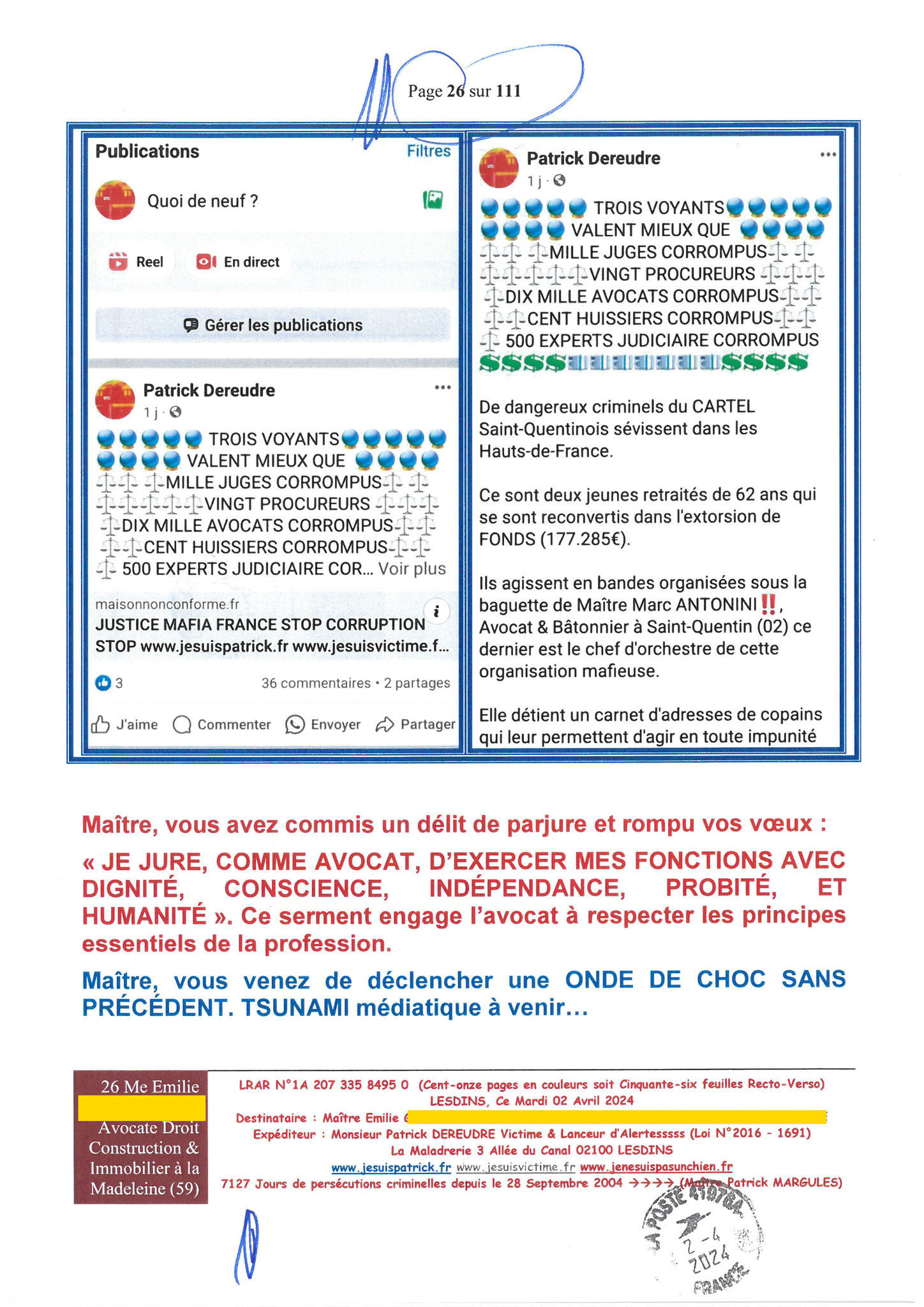 26 sur 111 AFFAIRE CRIMINELLE «MES CHERS VOISINS» Maître vous êtes corrompue  1ère LETTRE RECOMMANDEE OUVERTE MISE EN DEMEURE Mardi 02 Avril 2024