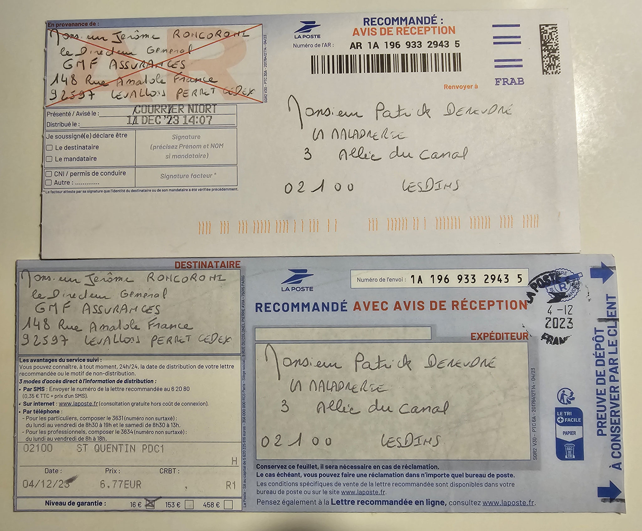 7d)NON ASSISTANCE A PERSONNES EN DANGER GMF ASSURANCES ASSURÉMENT HUMAIN !!! NON ASSISTANCE A PERSONNES EN DANGER Ma 1ère LRAR du 04 Décembre 2023 adressée en vain  à Monsieur Eric RONCORONI le Directeur Général de GMF ASSURANCES