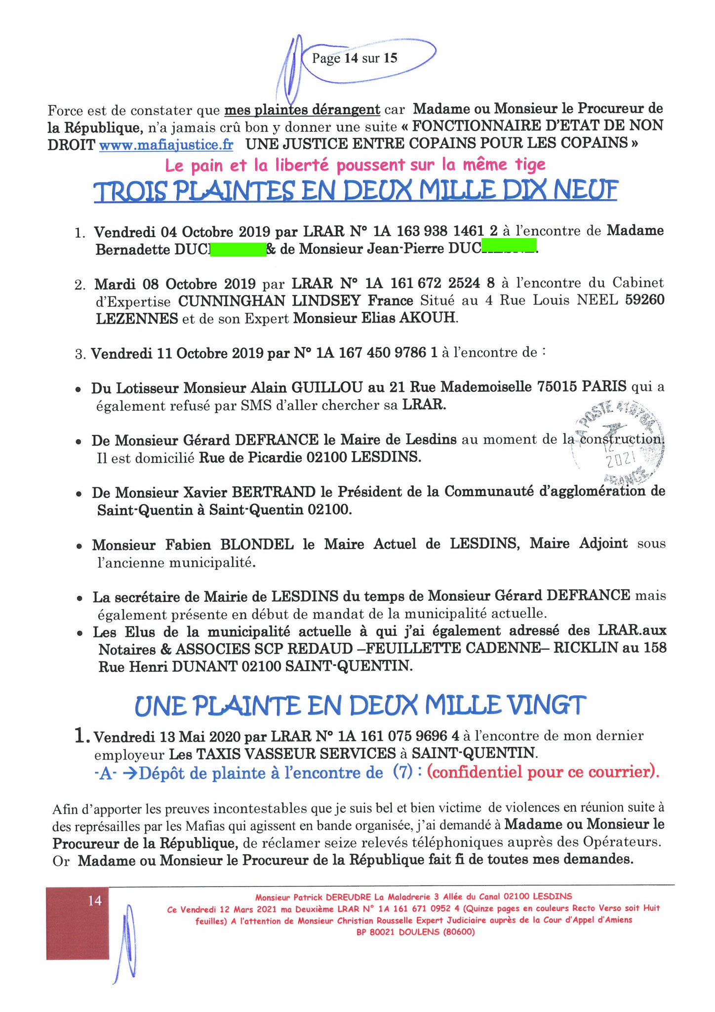 Pièce N°8e) Page 14sur15 AFFAIRE CRIMINELLE «MES CHERS VOISINS» SIGNIFICATION DE JUGEMENT, Violences, Extorsion de Fonds, Tentative Extorsion de Fonds, Maître Marc ANTONINI à l'œuvre et ce avec la bénédiction de nos Institutions www.jesuispatrick.fr