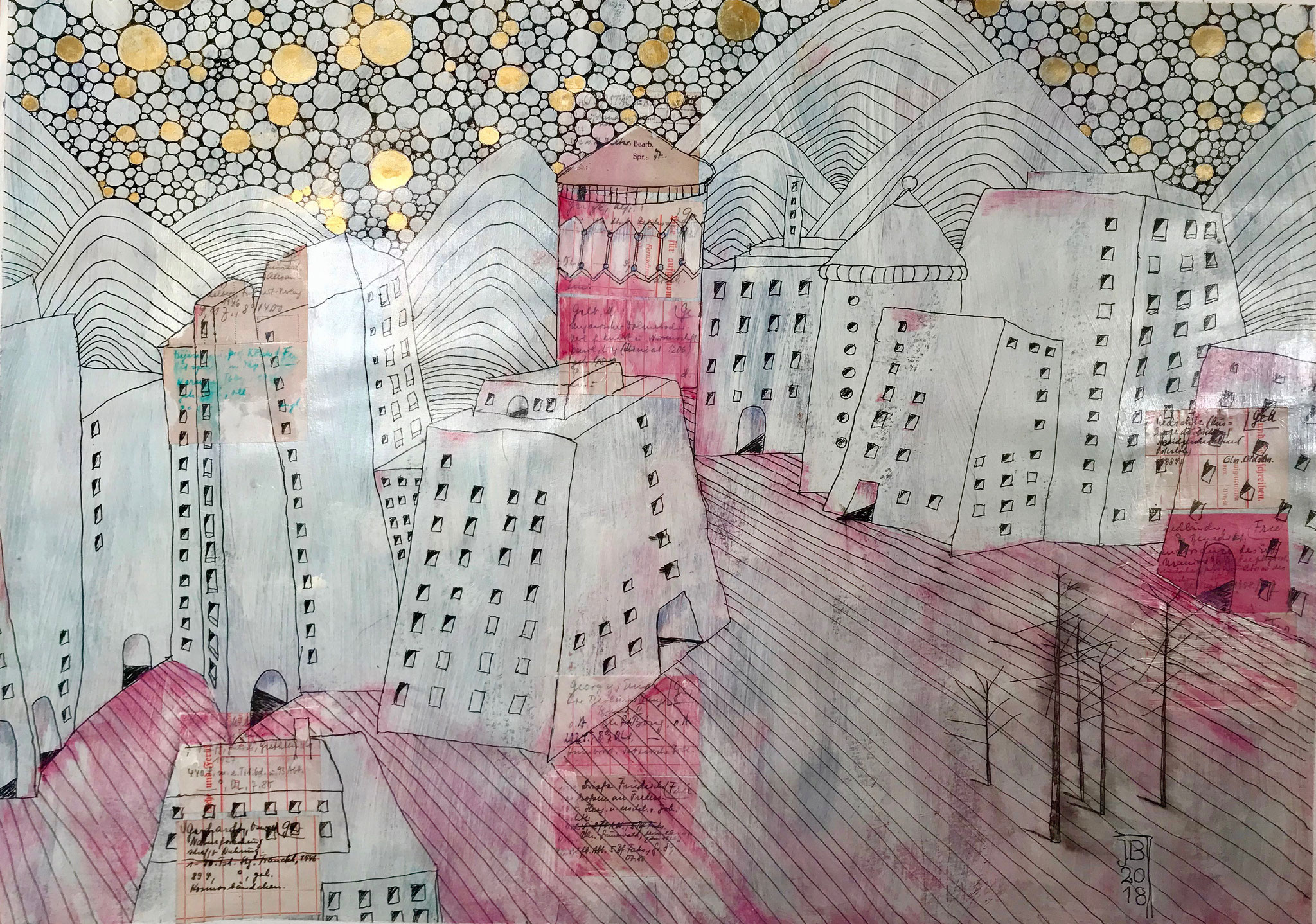 Stadt, 50 x 70 cm, Mixed Media auf Papier