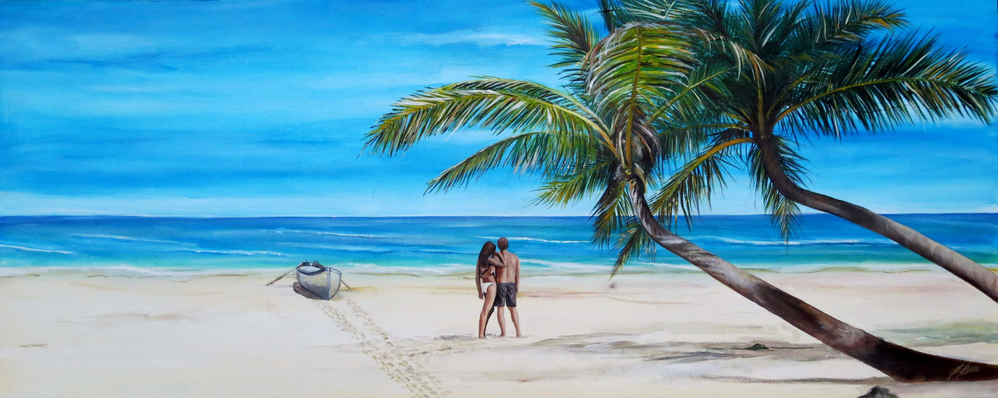 "Liebespaar am Strand" Acryl auf Leinwand 74 x 183 cm.