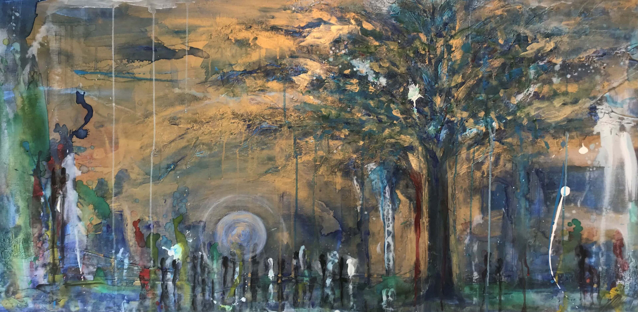 "Gartenfest unter dem Baum" Acryl auf Leinwand 70 x 140 cm.