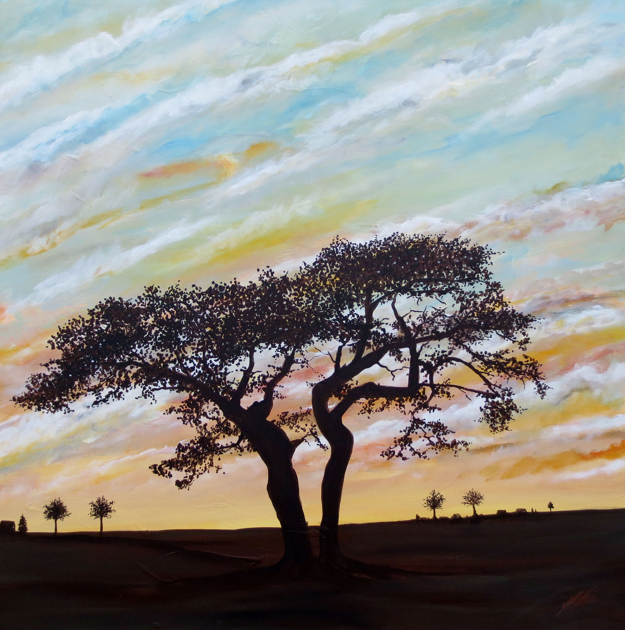 "Baum in Abenddämmerung" Acryl auf Leinwand 100 x 100 cm.