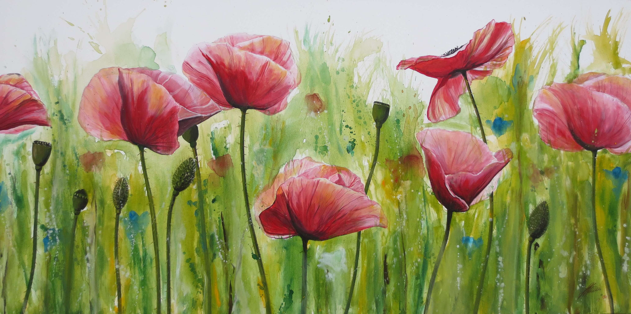 "Mohnblumen" Acryl auf Leinwand 140 x 70 cm. 