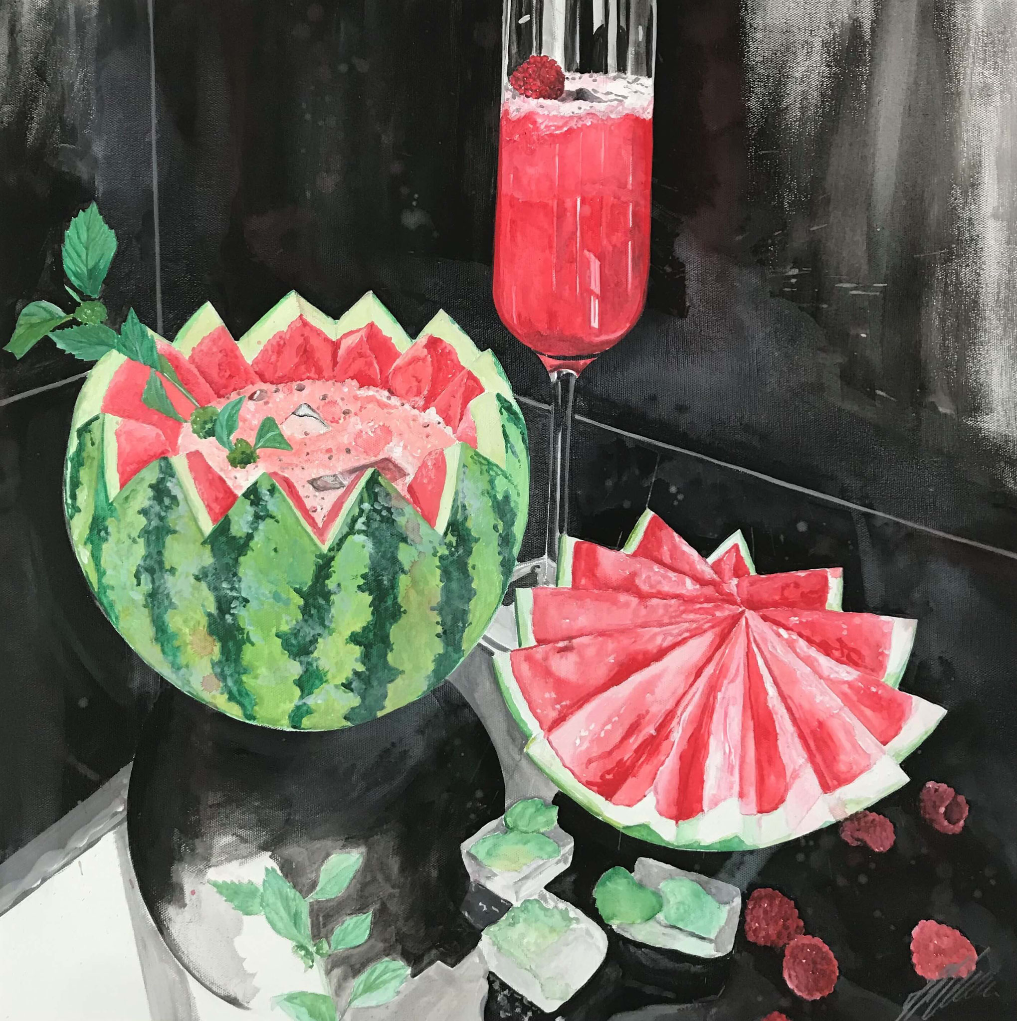 "Melonen Cocktail" Acryl auf Leinwand 60 x 60 cm.