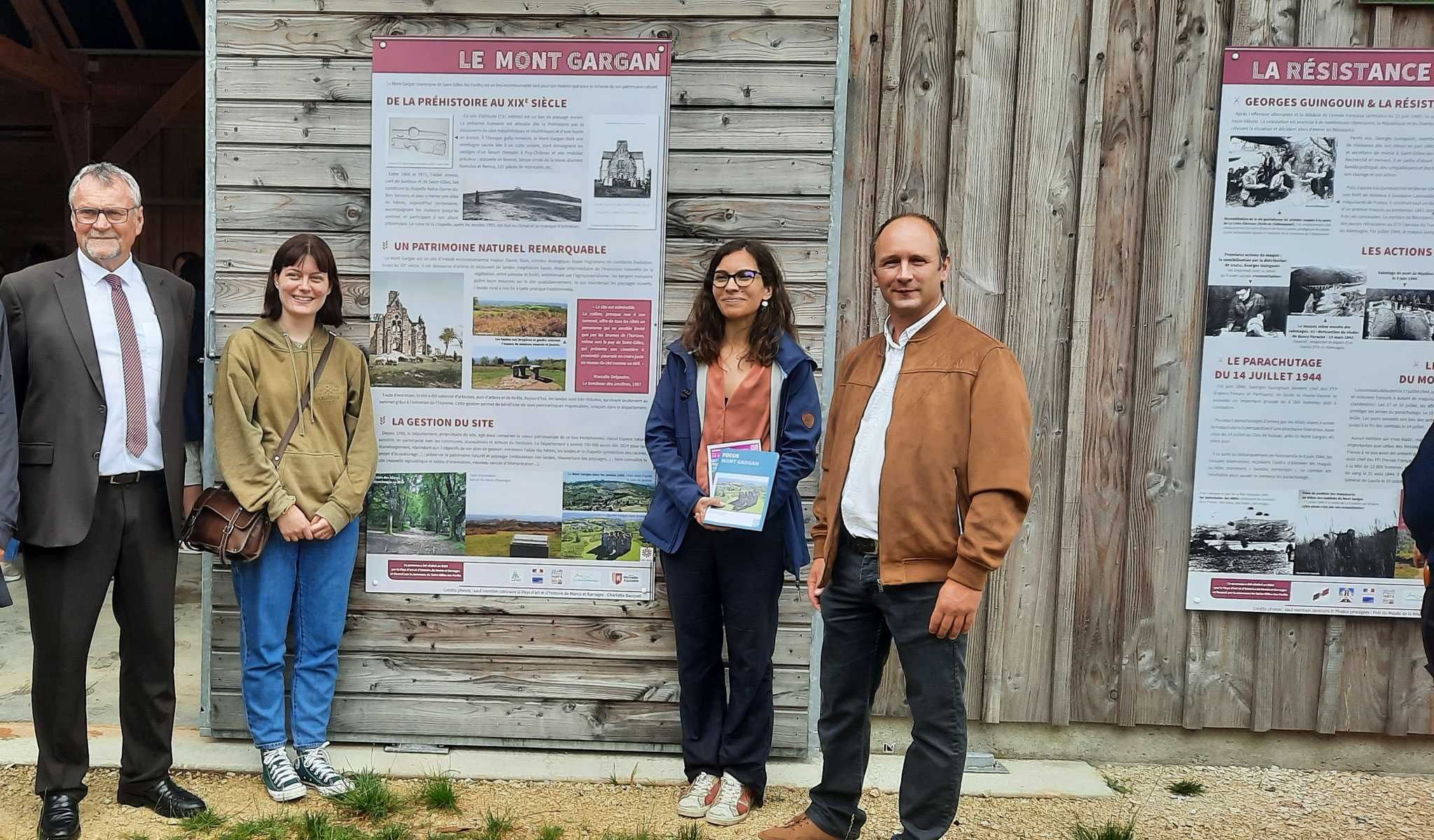 Jean-Claude Leblois (Président du Département de la Haute-Vienne), Charlotte Bacquet et Julie Grèze (Pays d'art et d'histoire), Laurent Paquet (Président du PETR du Pays Monts et Barrages)