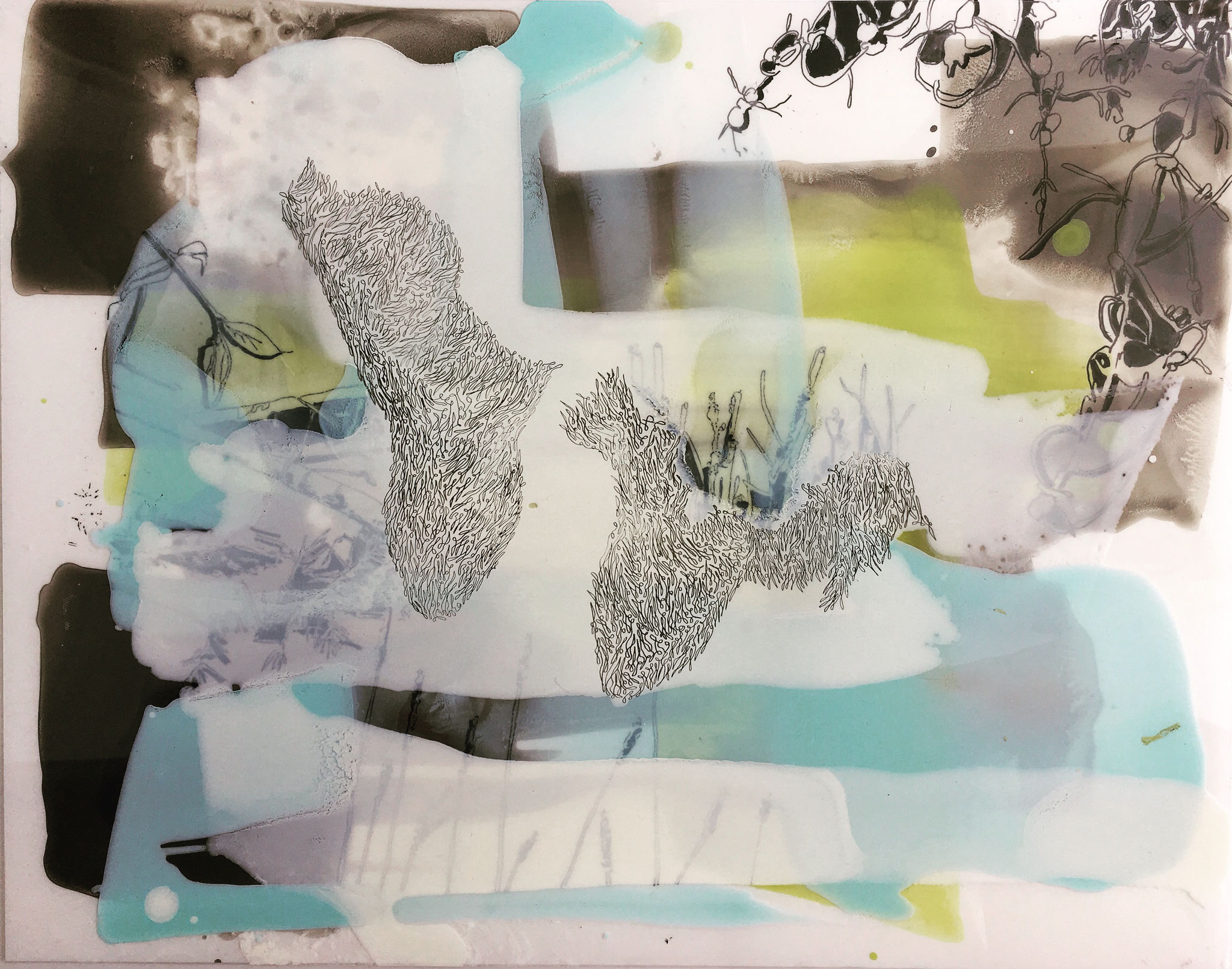 Joana Fischer, Edward Kingsbury III, interweaving II - Verpflechtung II , 2017, ink and acrylic on synthetic film, 11x14 inches
