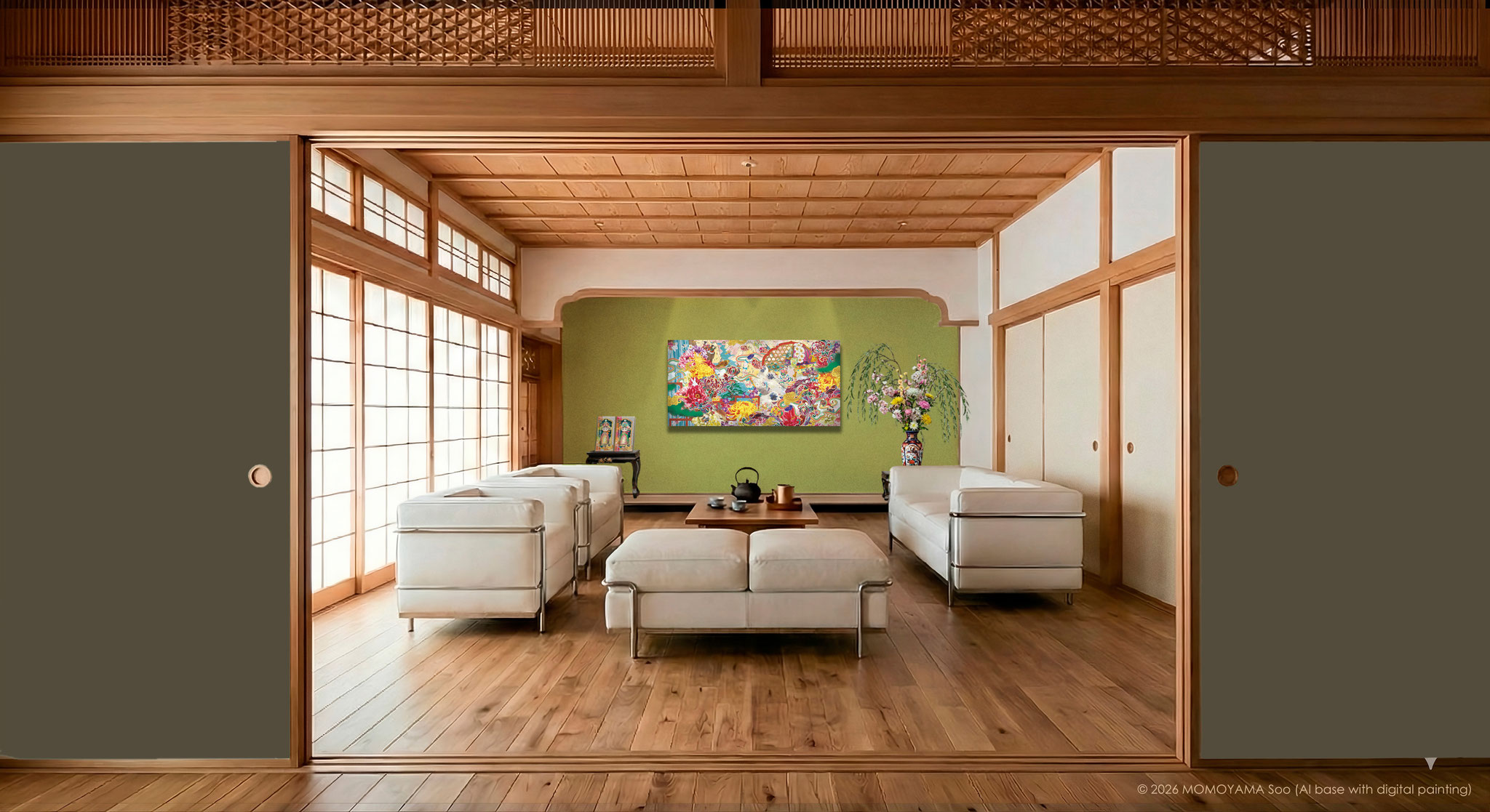「流れ-1」は、恒久平和を願って、花兜®️と四神に守護された世界を描いた作品です。