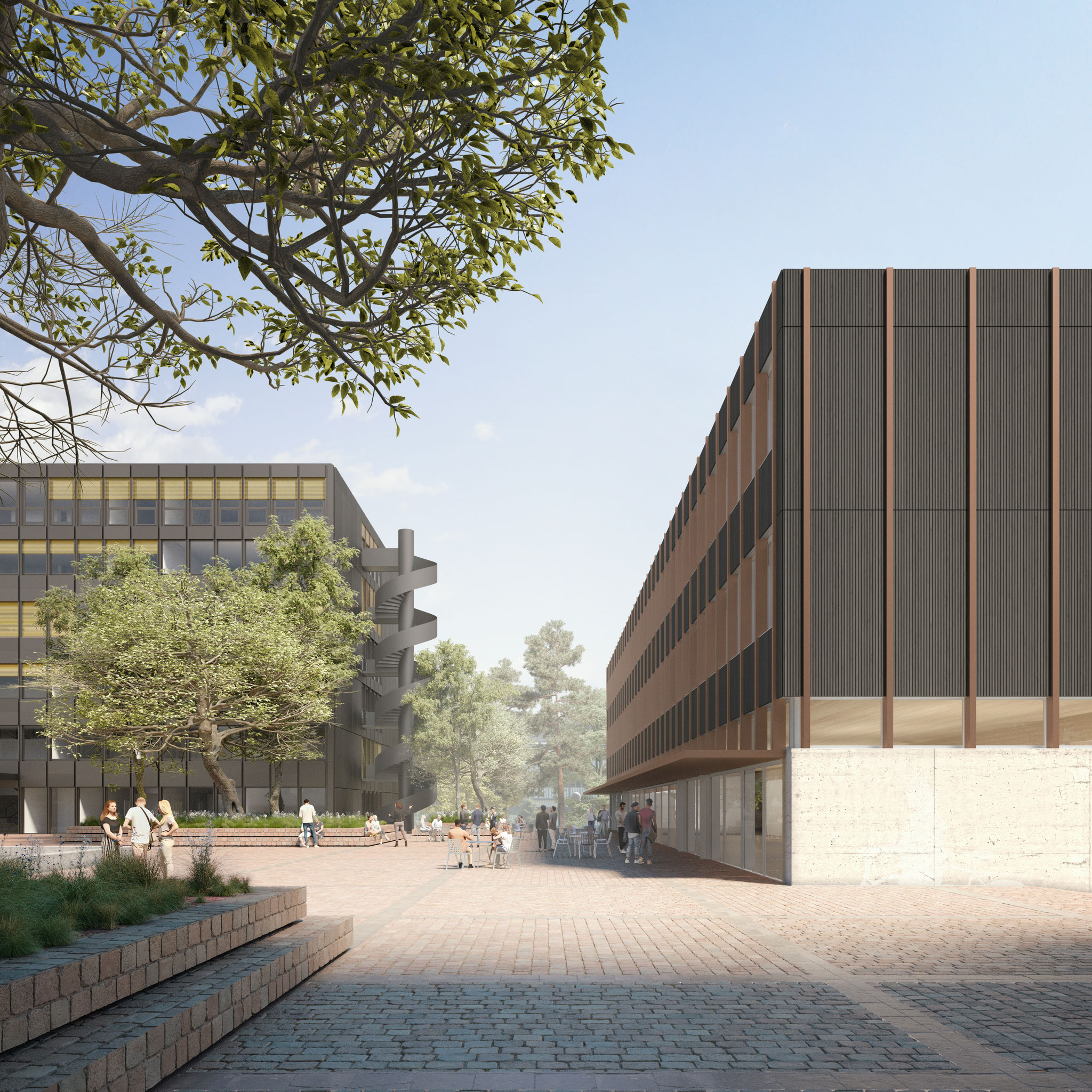 Rechts der geplante Neubau, im Hintergrund das aufgestockte Hauptgebäude der Berufsfachschule an der Weststrasse in Langenthal. – Bild: zvg