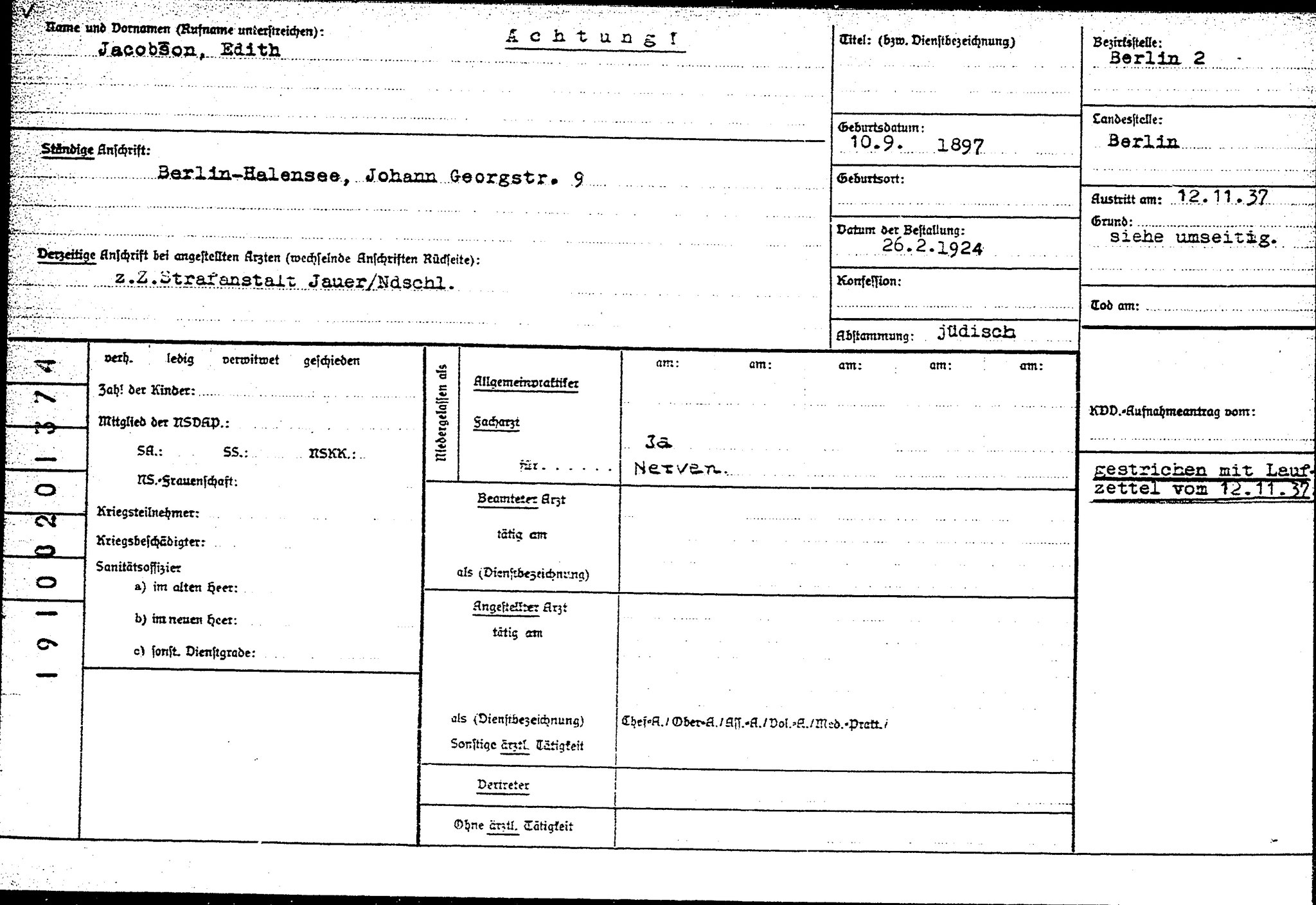 4. Edith Jacobssohn, Karteikarte, Gefängnis Jauer