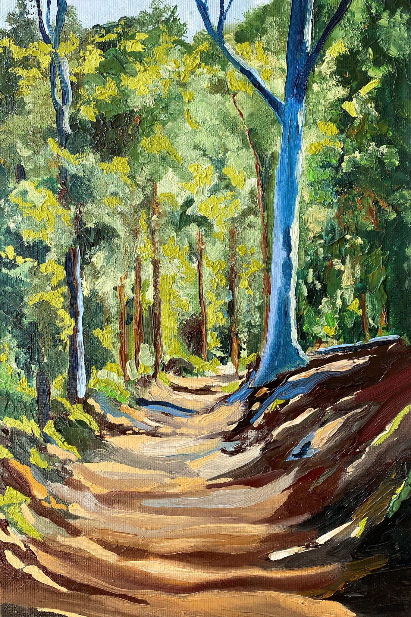 Waldweg auf Mount Coot-Tha, Öl auf Malkarton (20 x 30 cm)