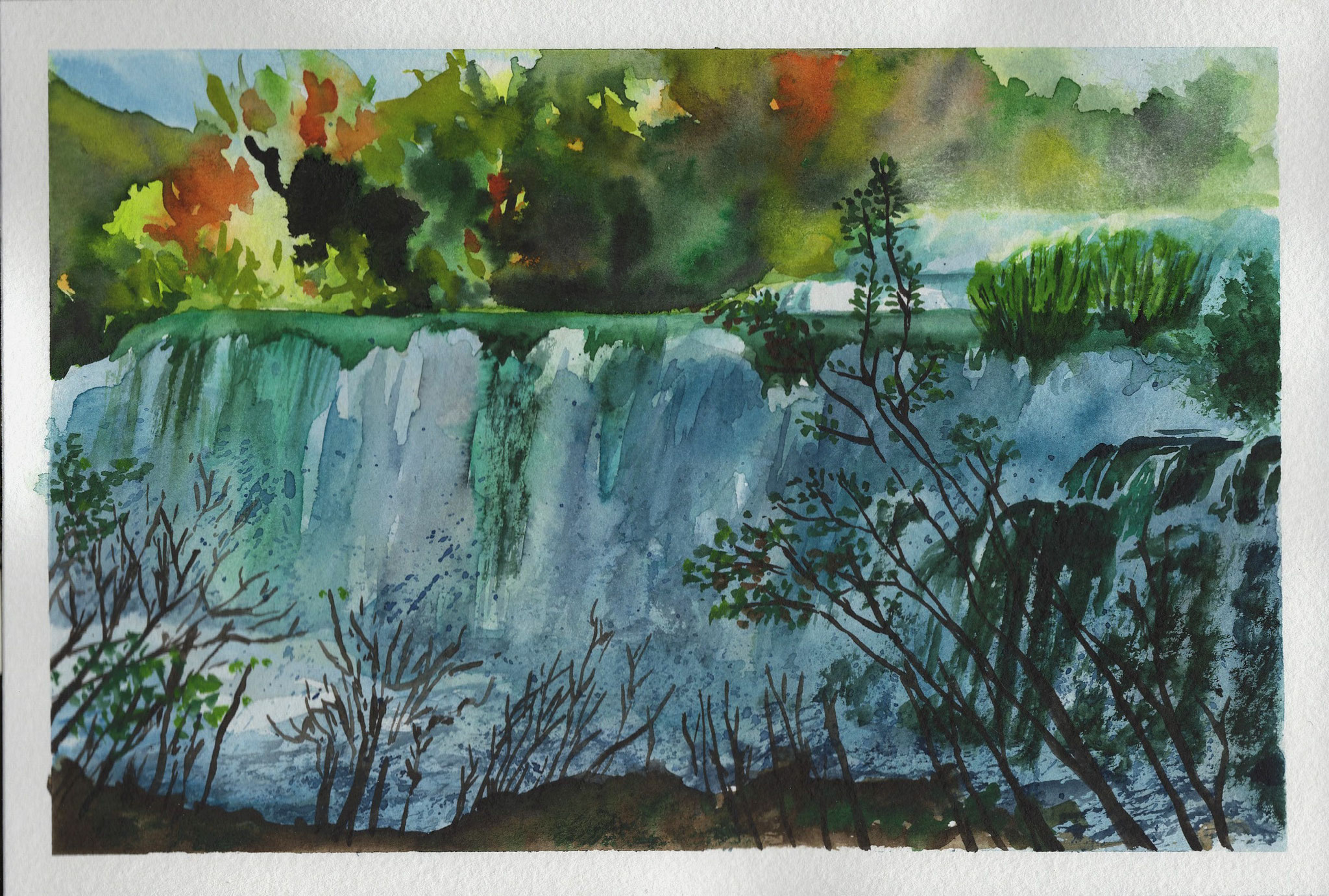 Wasserfälle in Krka, Kroatien, Aquarell