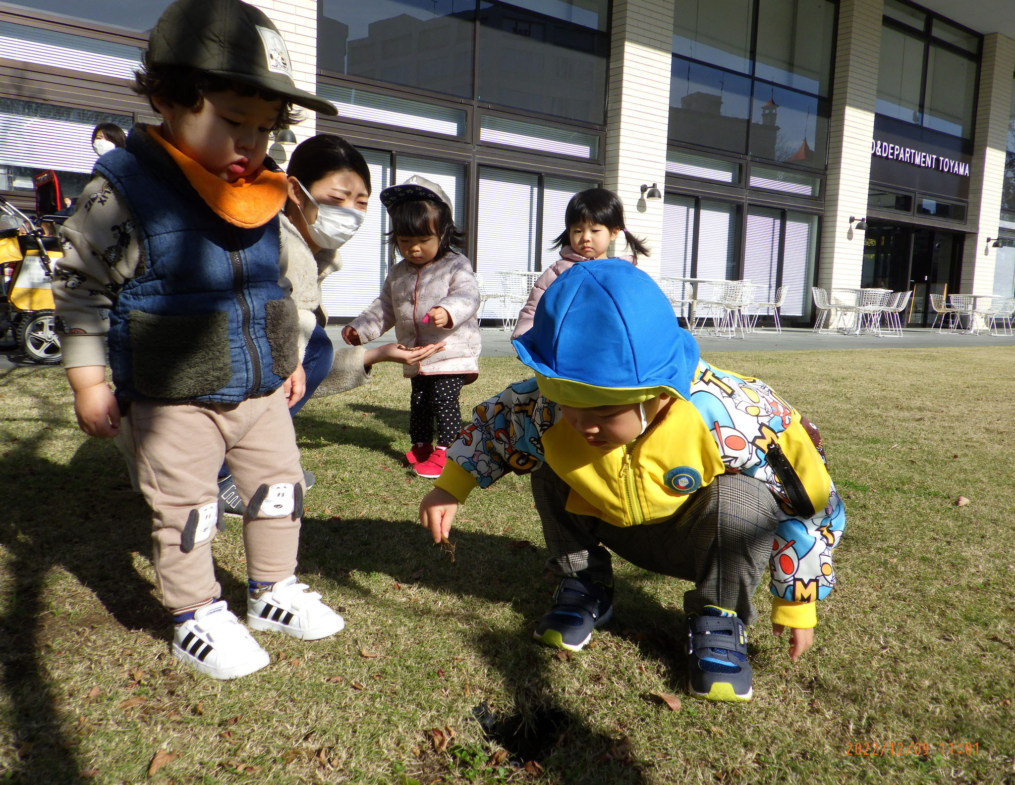 ー園舎横の芝生広場ー　「虫どこかな～」