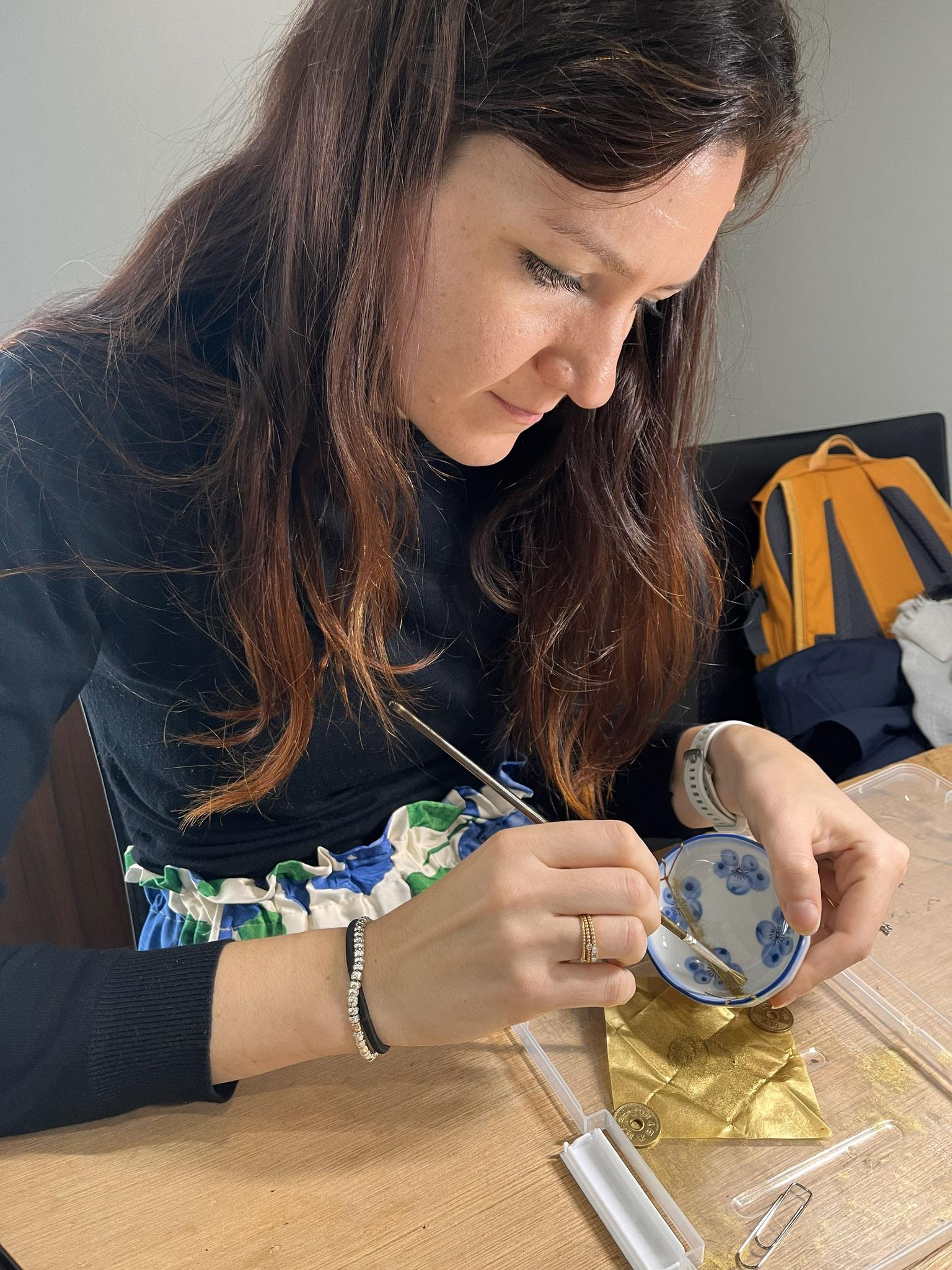 Finished Kintsugi ceramic repaired with real urushi lacquer and gold powder in Kanazawa