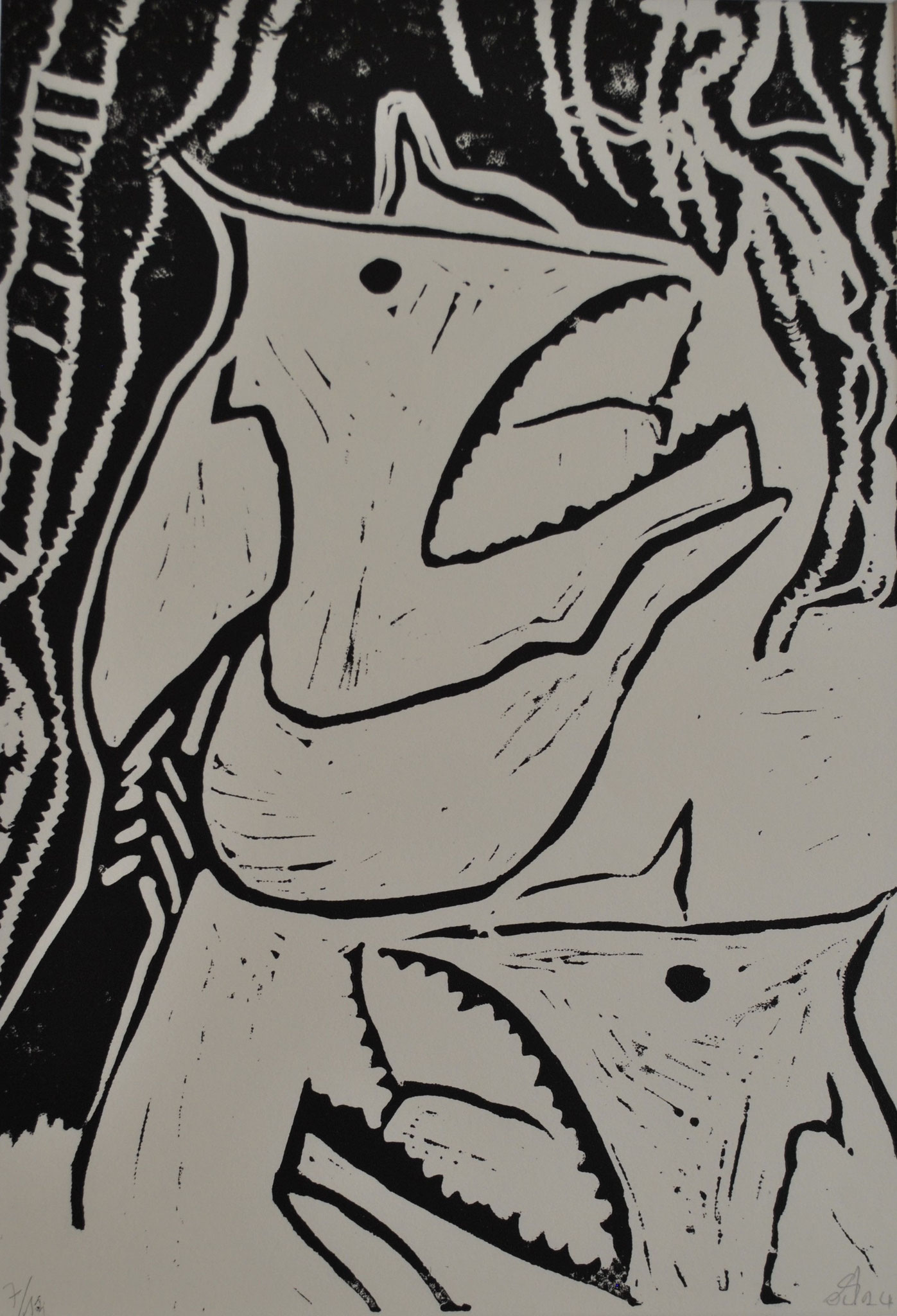 Poisson des abysses linogravure (tirages 13 ex) format encadré 40x30 cm 2024 vendu