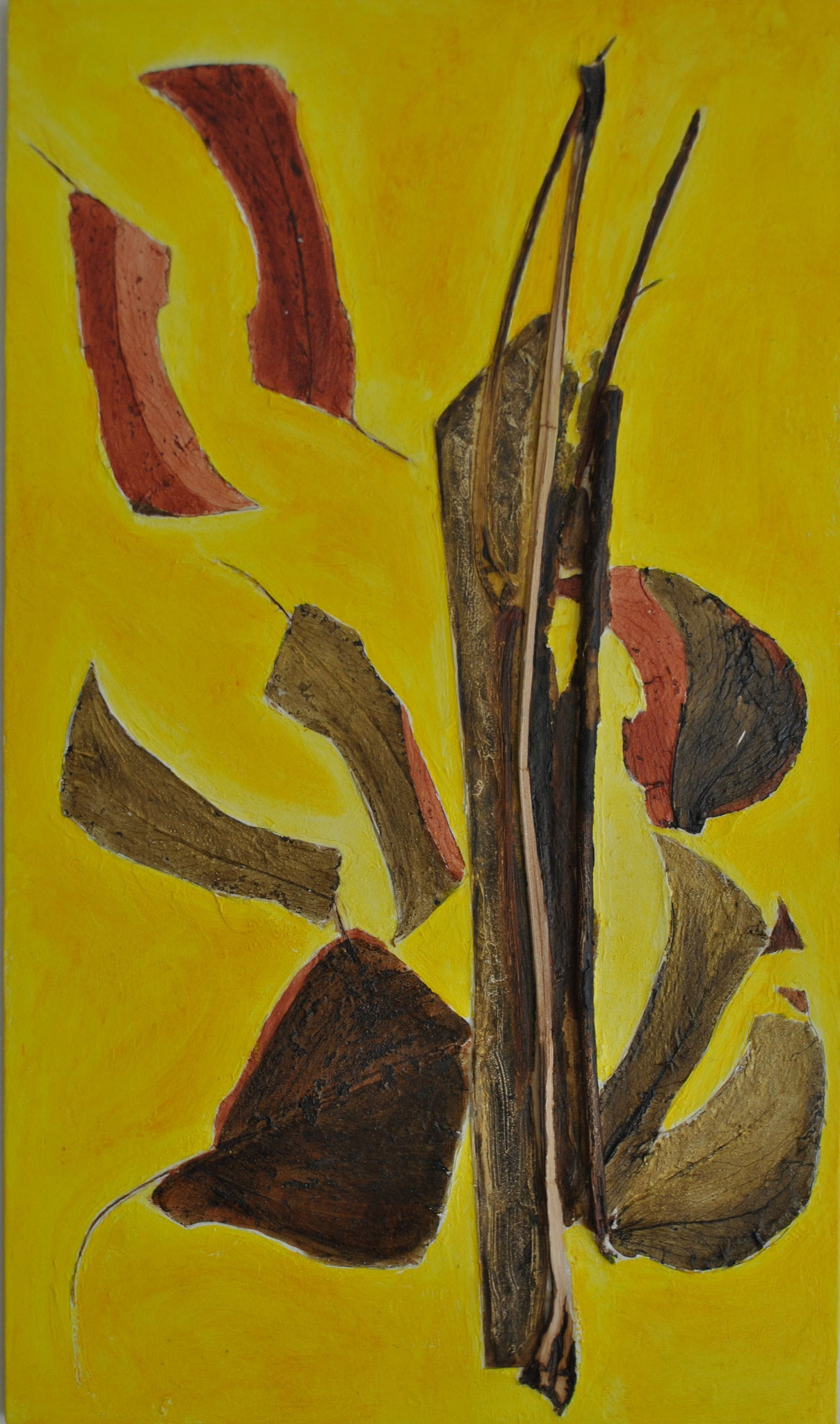 Musique végétale acrylique , empreinte de feuilles et bois sur panneau de dibond toilé 80*40 cm 2025