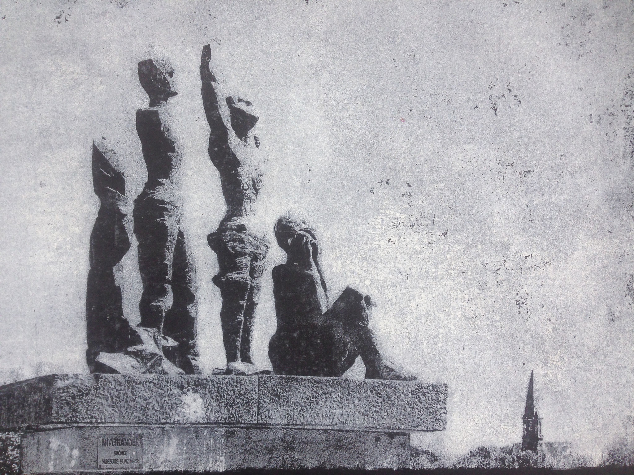 "Miteinander" Bronze von Ingeborg Hunzinger bei Wustrow, Transferlithografie, 20x 30 cm