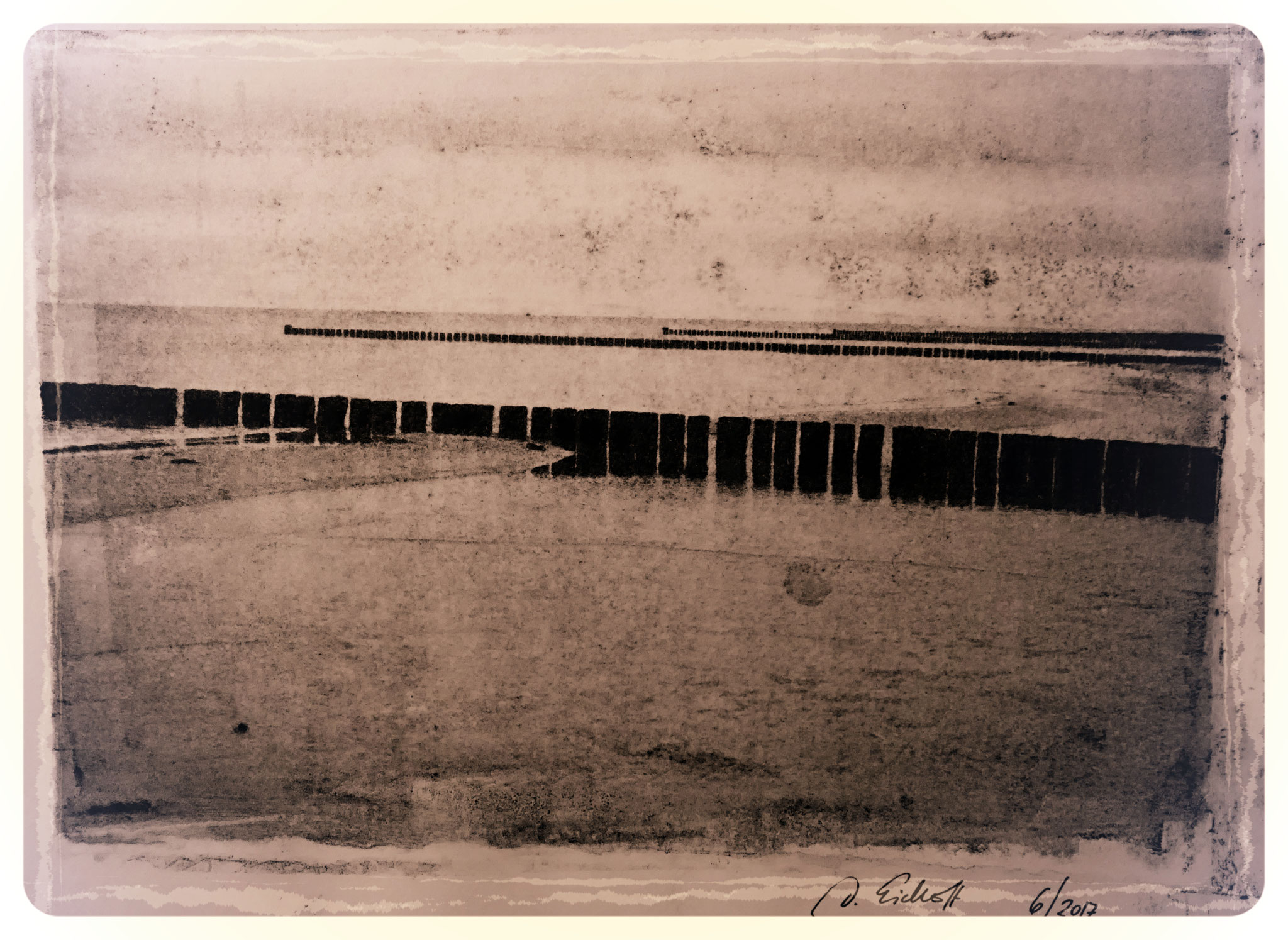 Buhnen bei Zingst, Transferlithografie, 20x 30cm 
