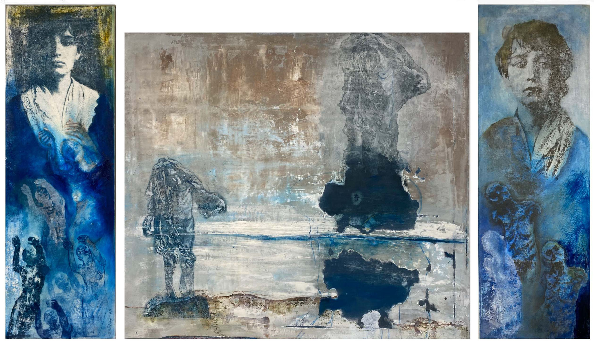 Mein Clotho (Hommage an Camille Claudel)_Triptychon_Mischtechnik_Öl, Kalk und Sand auf Leinwand_90x160 cm_2022/2023