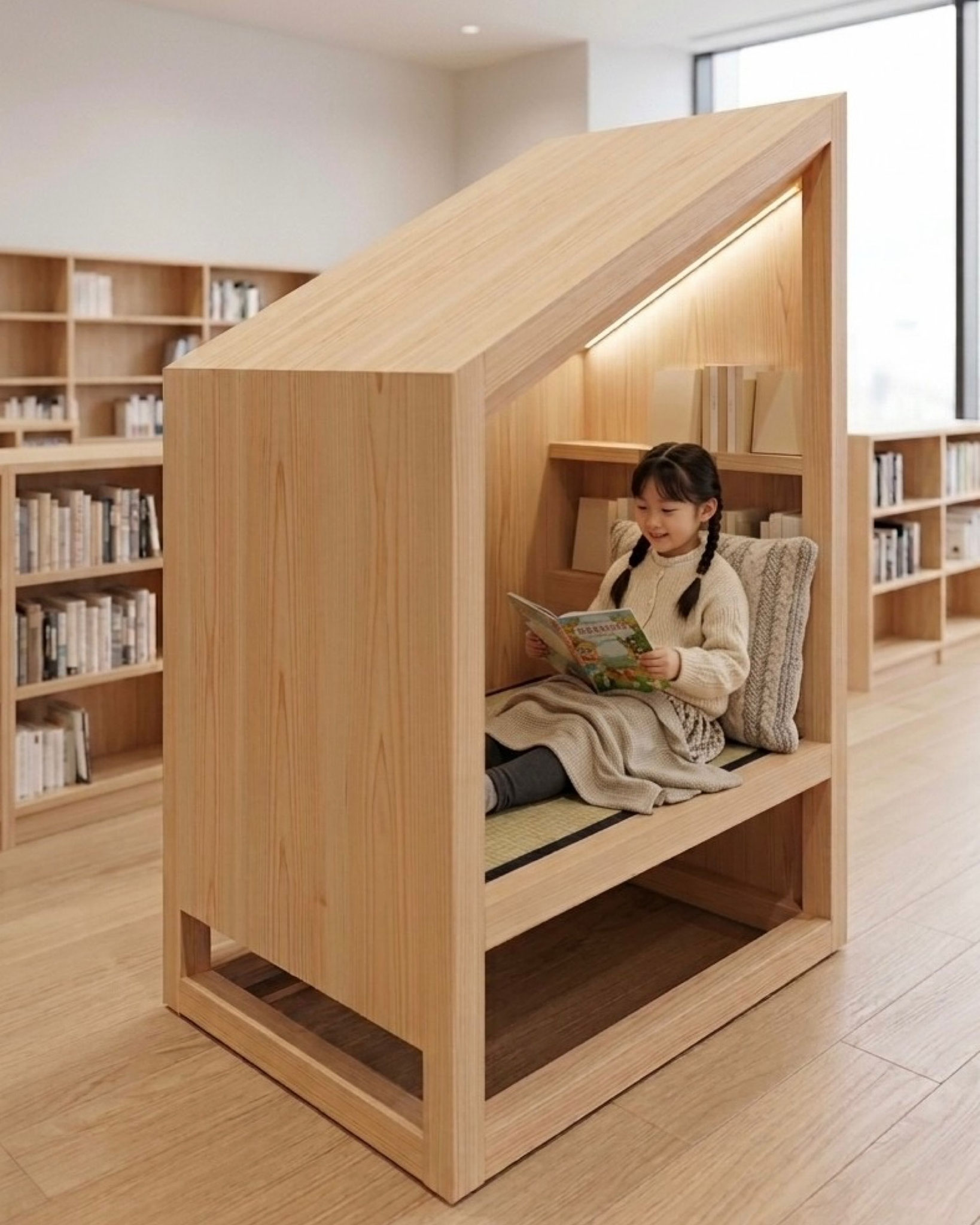 畳を使用した家具。「畳の殻」を図書館に置いた様子。