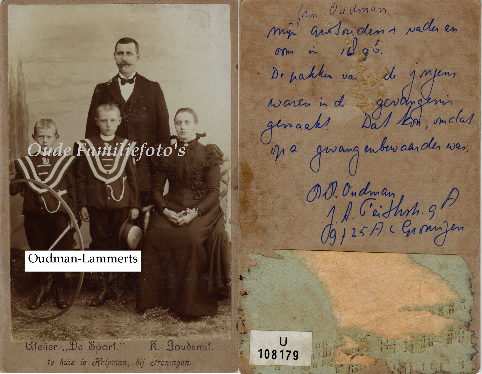 Oudman, Albert. Geb. 25-9-1862 Zuidlaren. ovl 31-10-1933 Groningen. Met kinderen Lammert Geb.24-7-1888 en Renso Geb. 24-11-1889 € 4,00