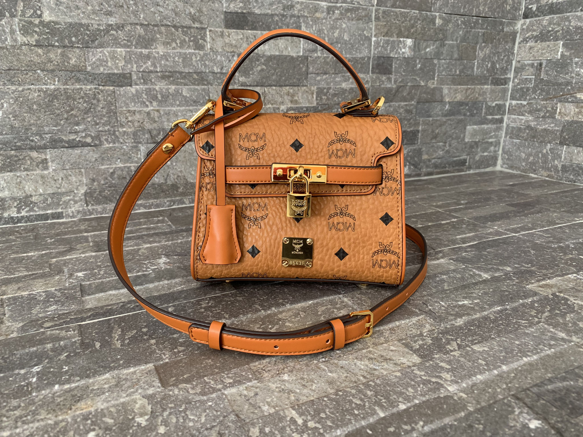 Mcm heritage top satchel mini cognac