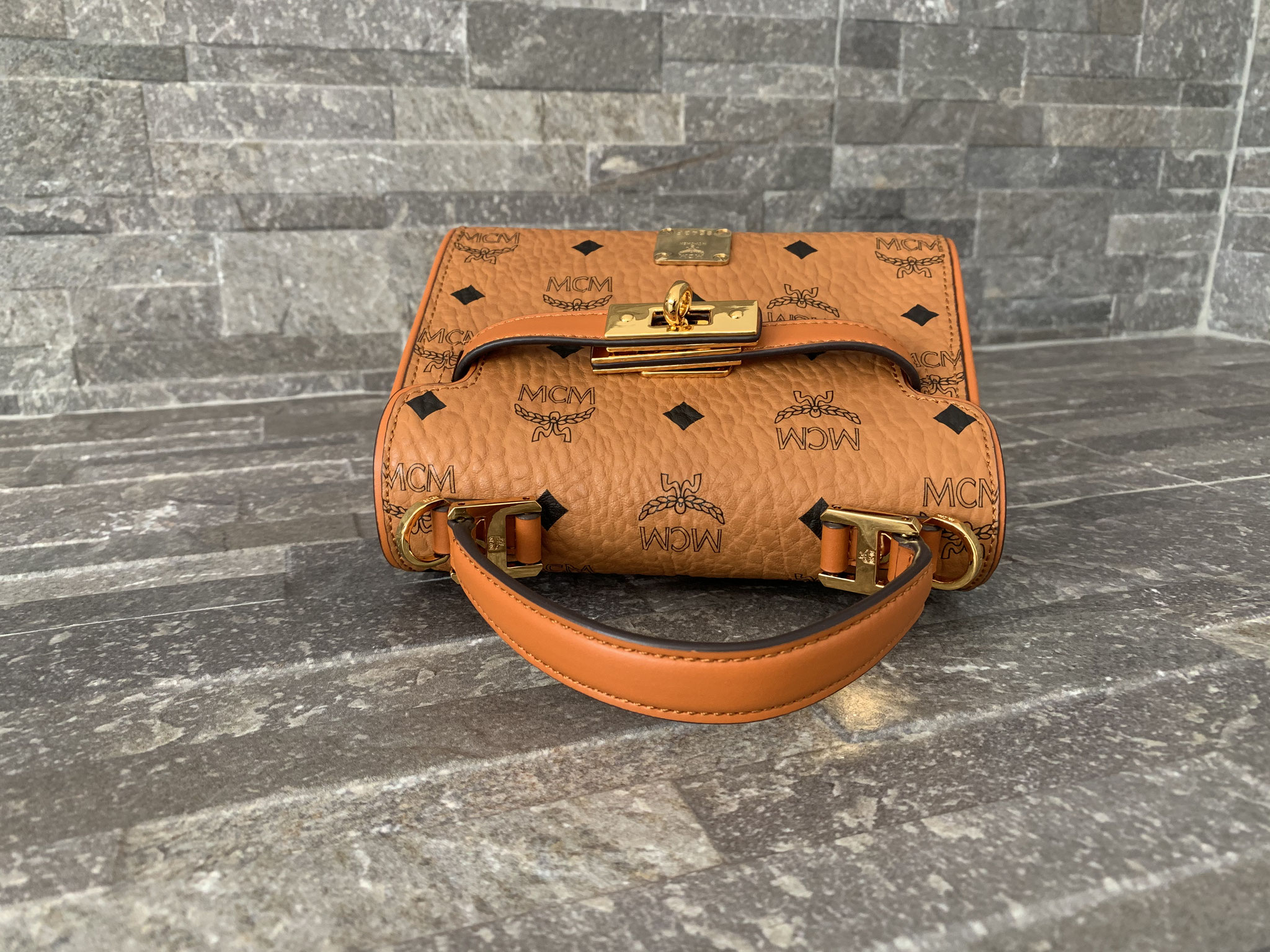Mcm heritage satchel mini cognac sales