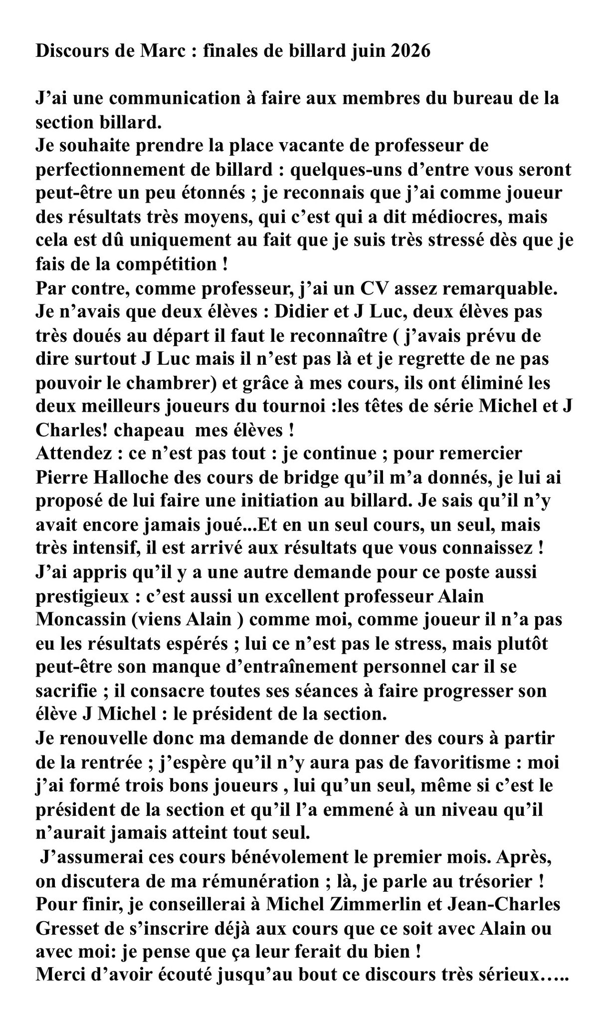 Discours de notre professeur de la FFB : Mr Marc