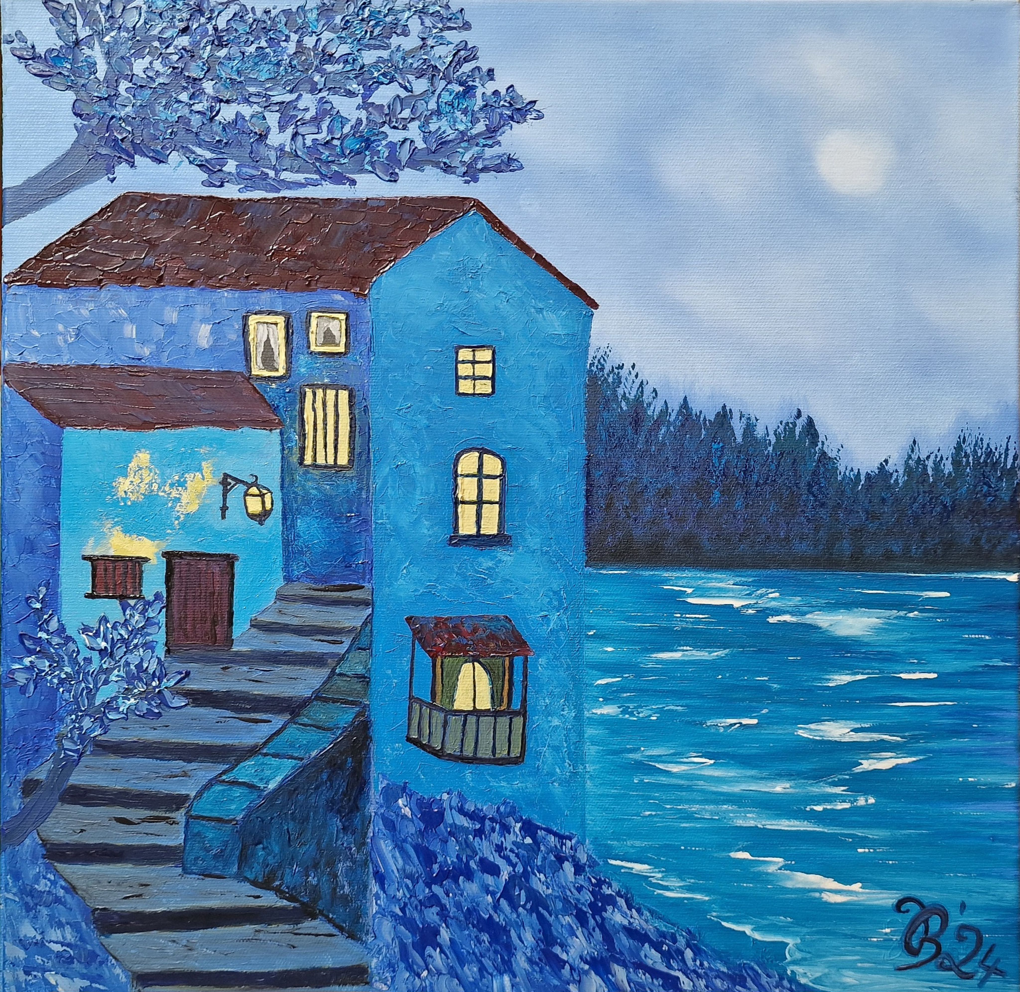 (149)    Das blaue Haus     40 cm x 40 cm