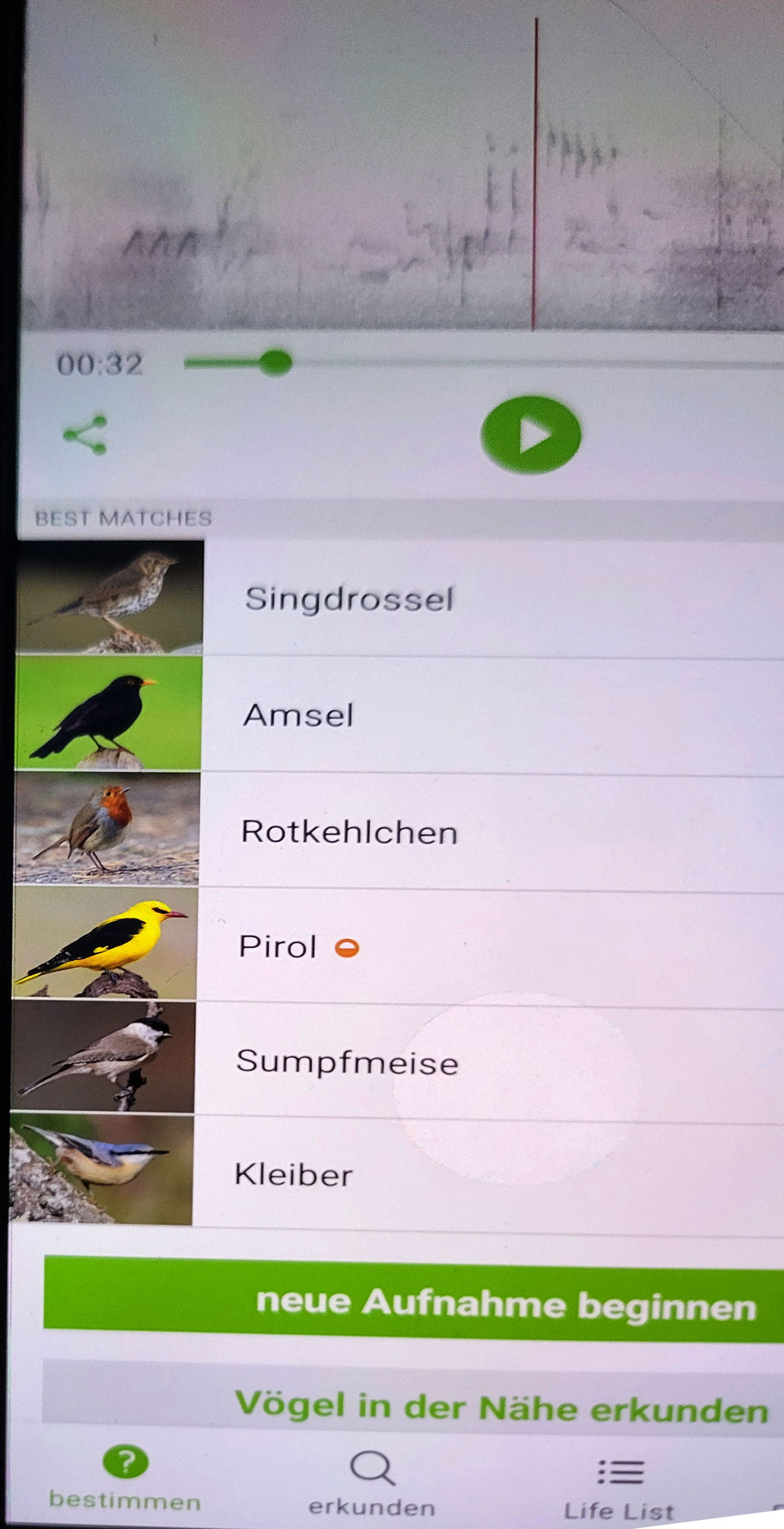 Rafael hat Vogelstimmen von der KI-App Merlin bestimmen lassen. In nur 32 sec hat Merlin 6 Vogelarten bestimmt
