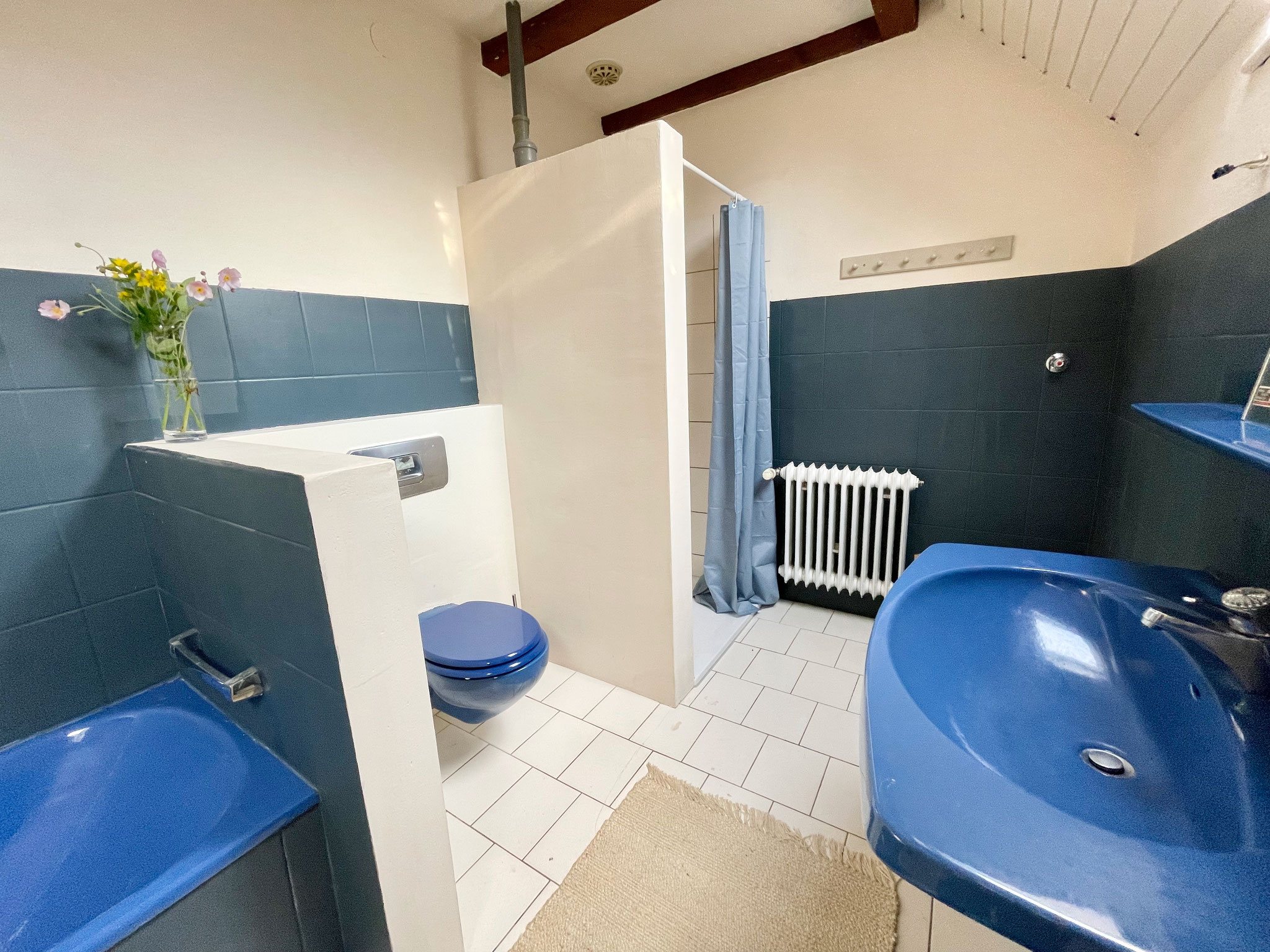 Es gibt eine Badewanne und eine Dusche. Und eine Waschmaschine (wir wissen doch, wie's mit Kindern ist).
