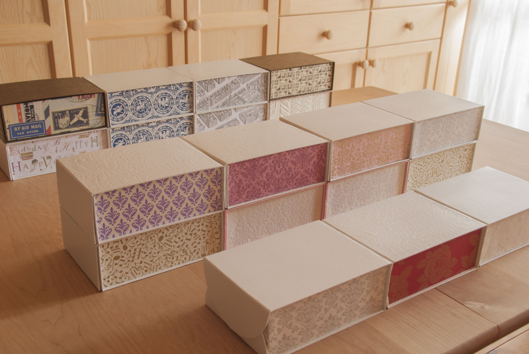 201804 boxes: Postcard(KG) Storage Boxes with magnets. 19 boxes all hand made, 3 of them are special boxes with curved edges. Fleur*Fleur*