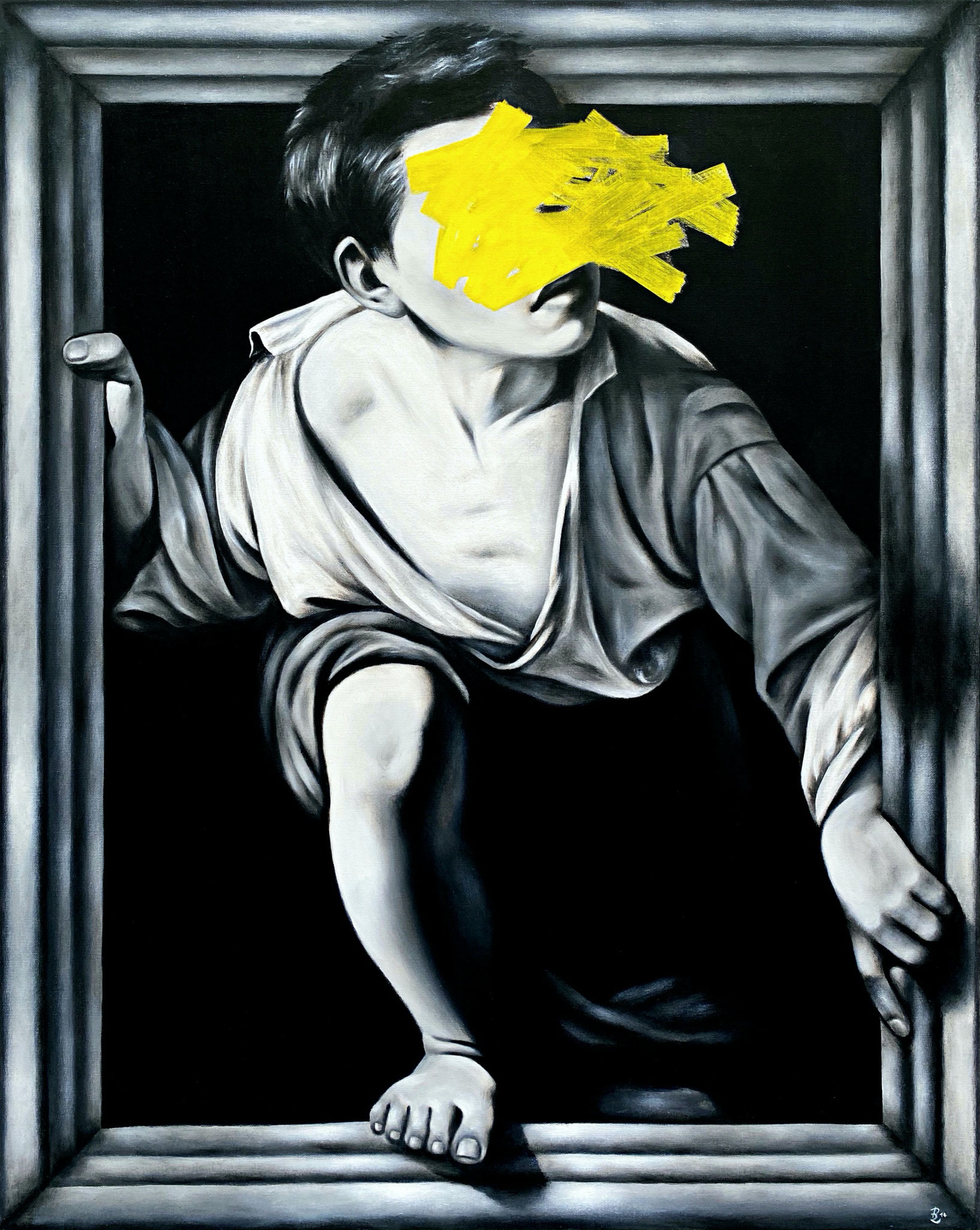 ESCAPE (After Pere Borrell del Caso), acrylic + liquid chalk on canvas, 100 x 80 cm, 2014