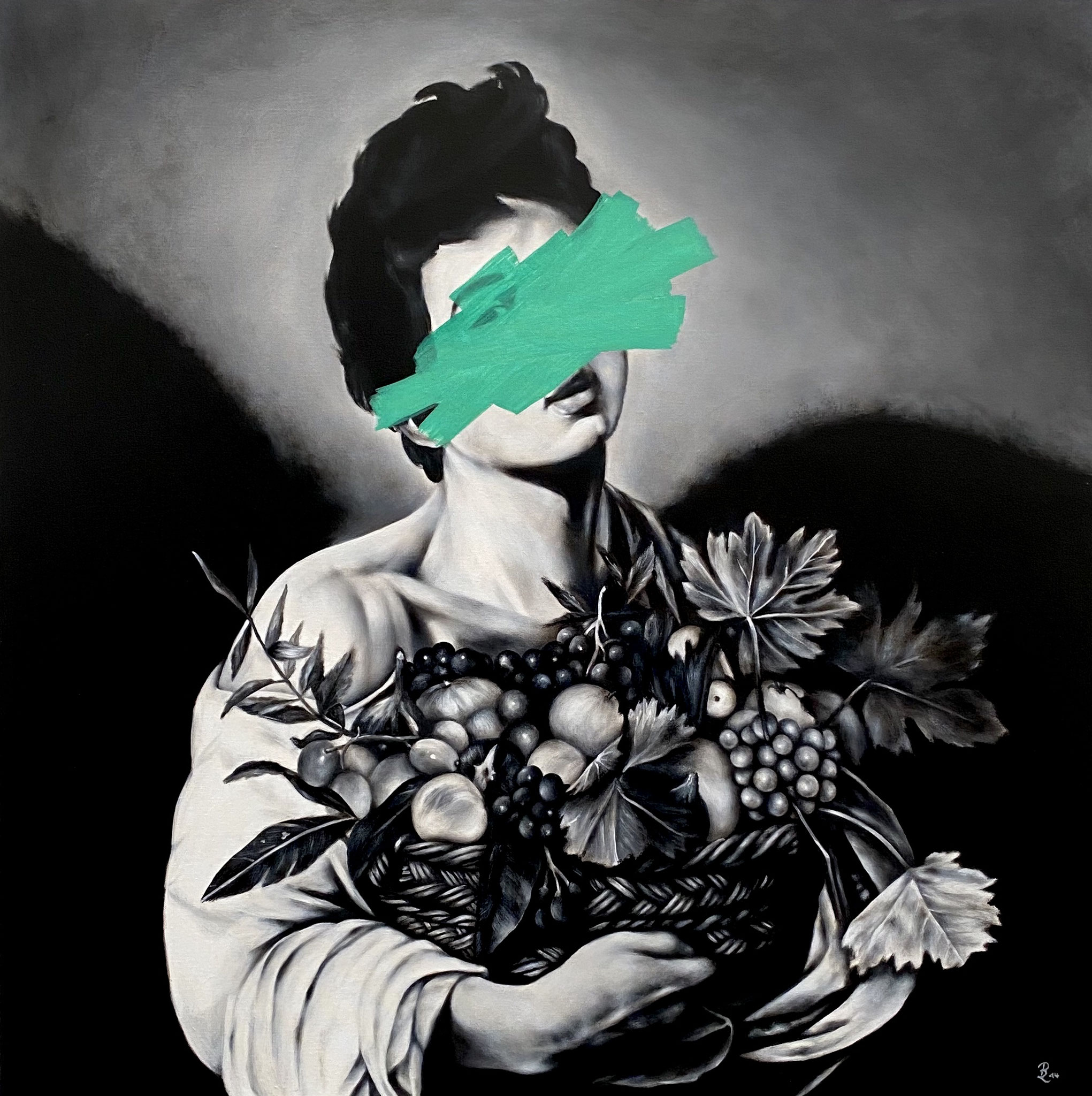 FRESH RIPE FRUIT (After Caravaggio), acrylic and liquid chalk on canvas, 100 x 100 cm, 2014