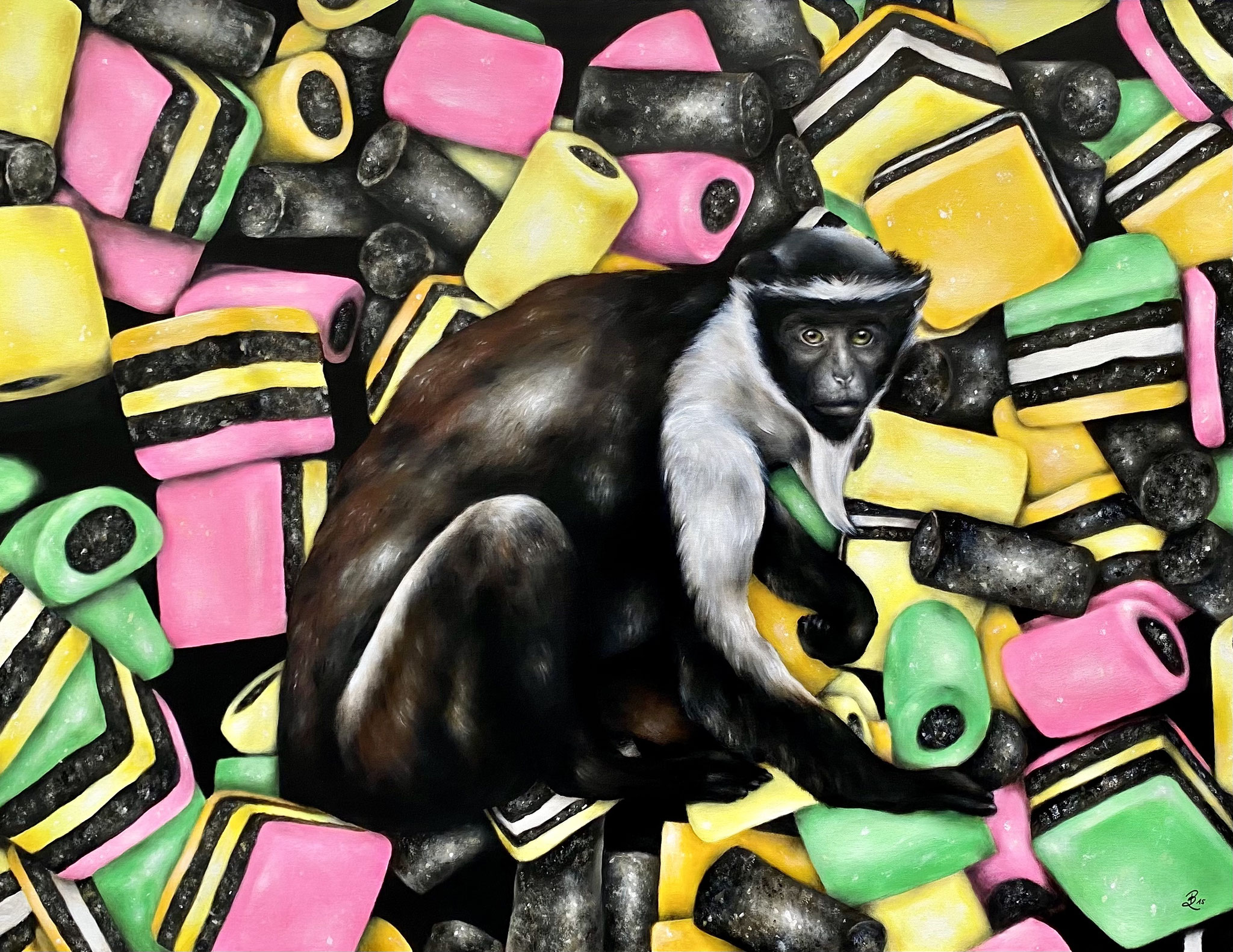 ALTWELTAFFE IN GLEICHFÖRMIG BUNTER UMGEBUNG (Old world monkey in uniformly colored surroundings), acrylic on canvas, 100 x 130 cm, 2015