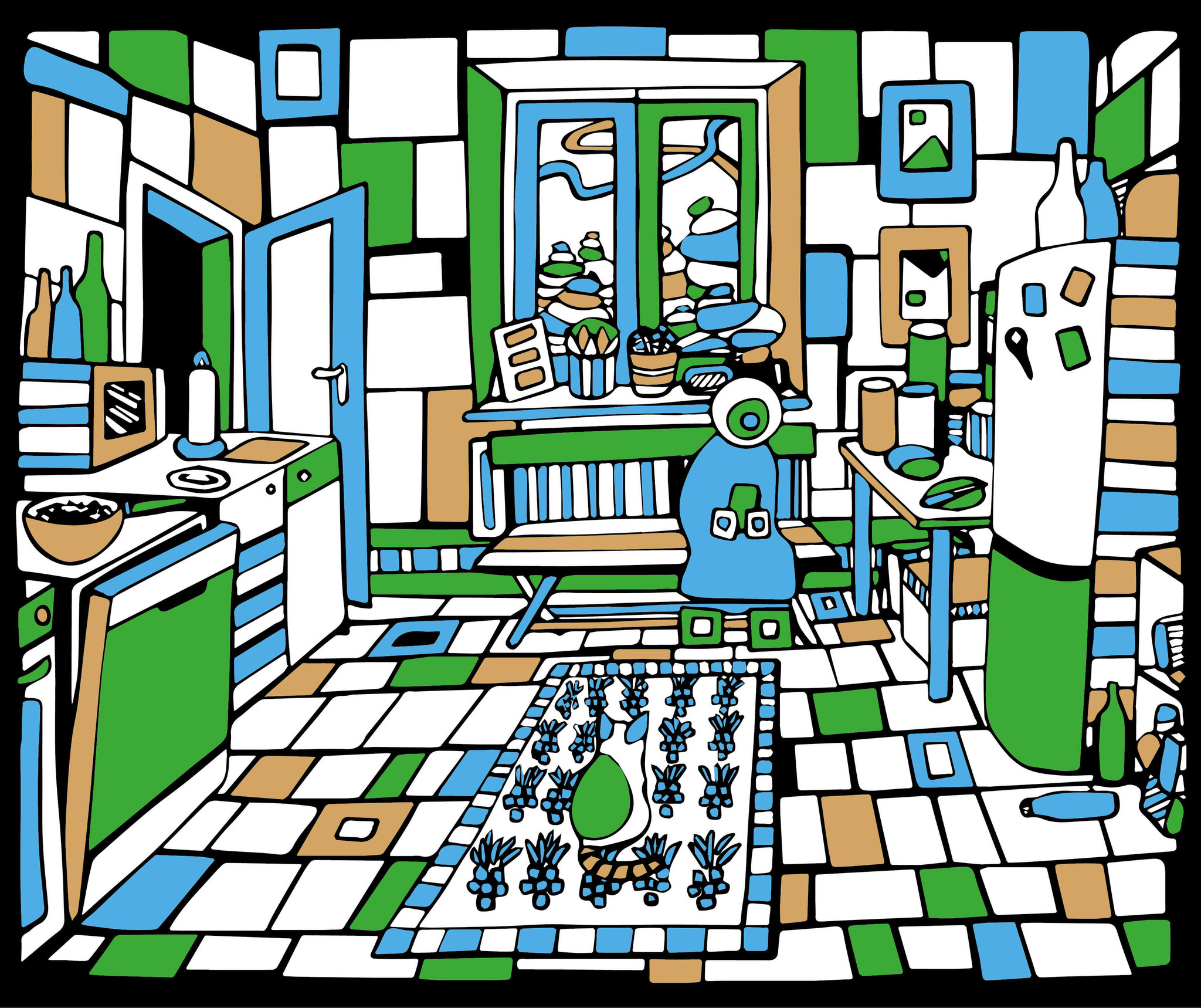 Veronika Spleiss "Green Daily Life" 2022 50x60 cm, Painted Fine Art Print on Hahnemühle Paper, German Etching