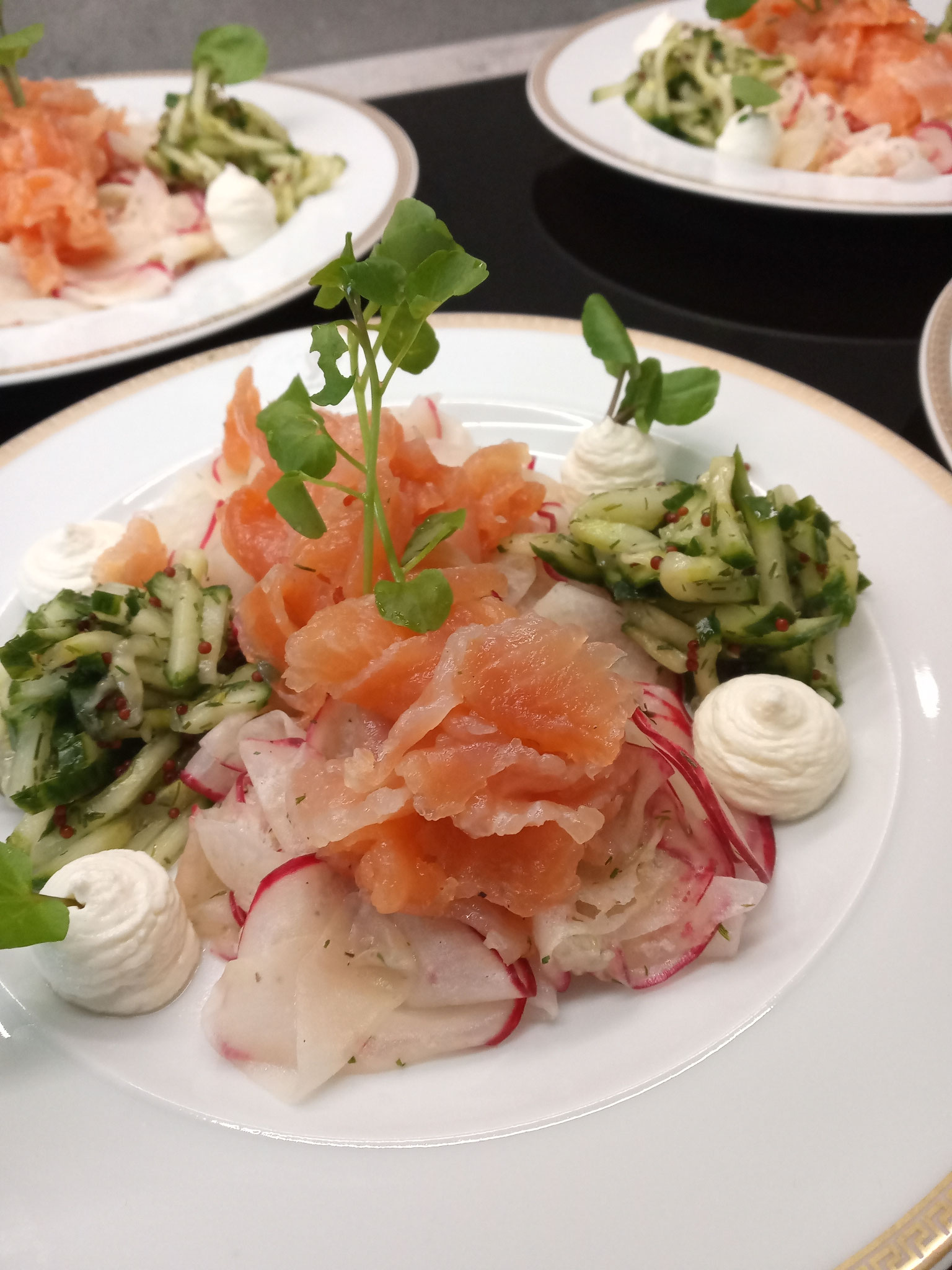 Selbstgebeizter Bachsaibling/Meerrettichcreme/Rettich/Radieschen/Gurke