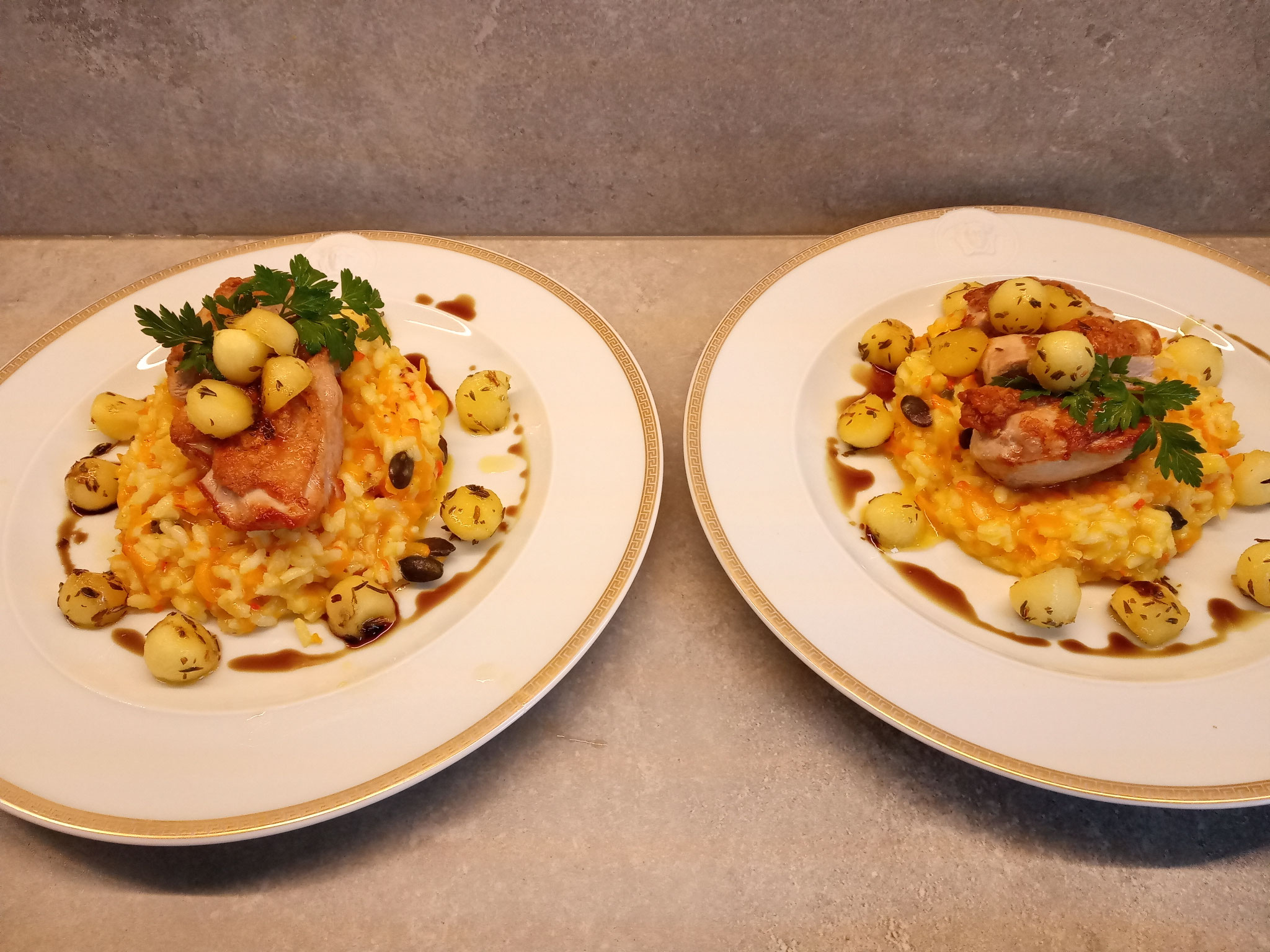 Perlhuhnbrust/Kürbisrisotto/Apfelperlen