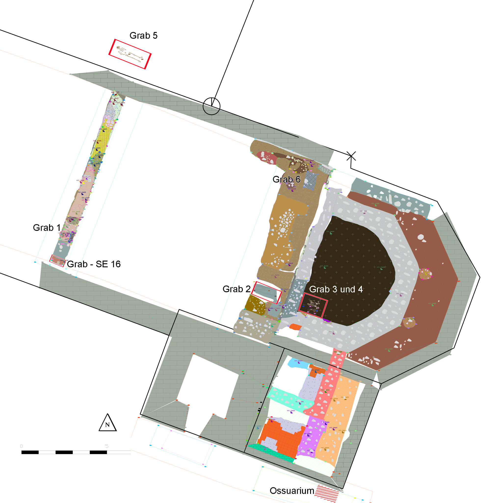 Mauerreste und Lage der Gräber