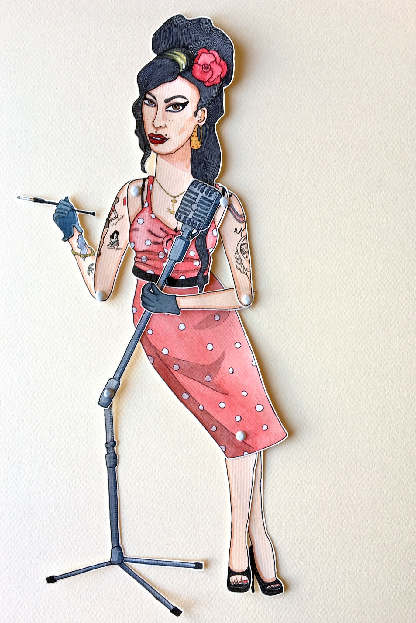 'Amy'Marionnette sur papier - encre de chine noire - aquarelle - pastels -