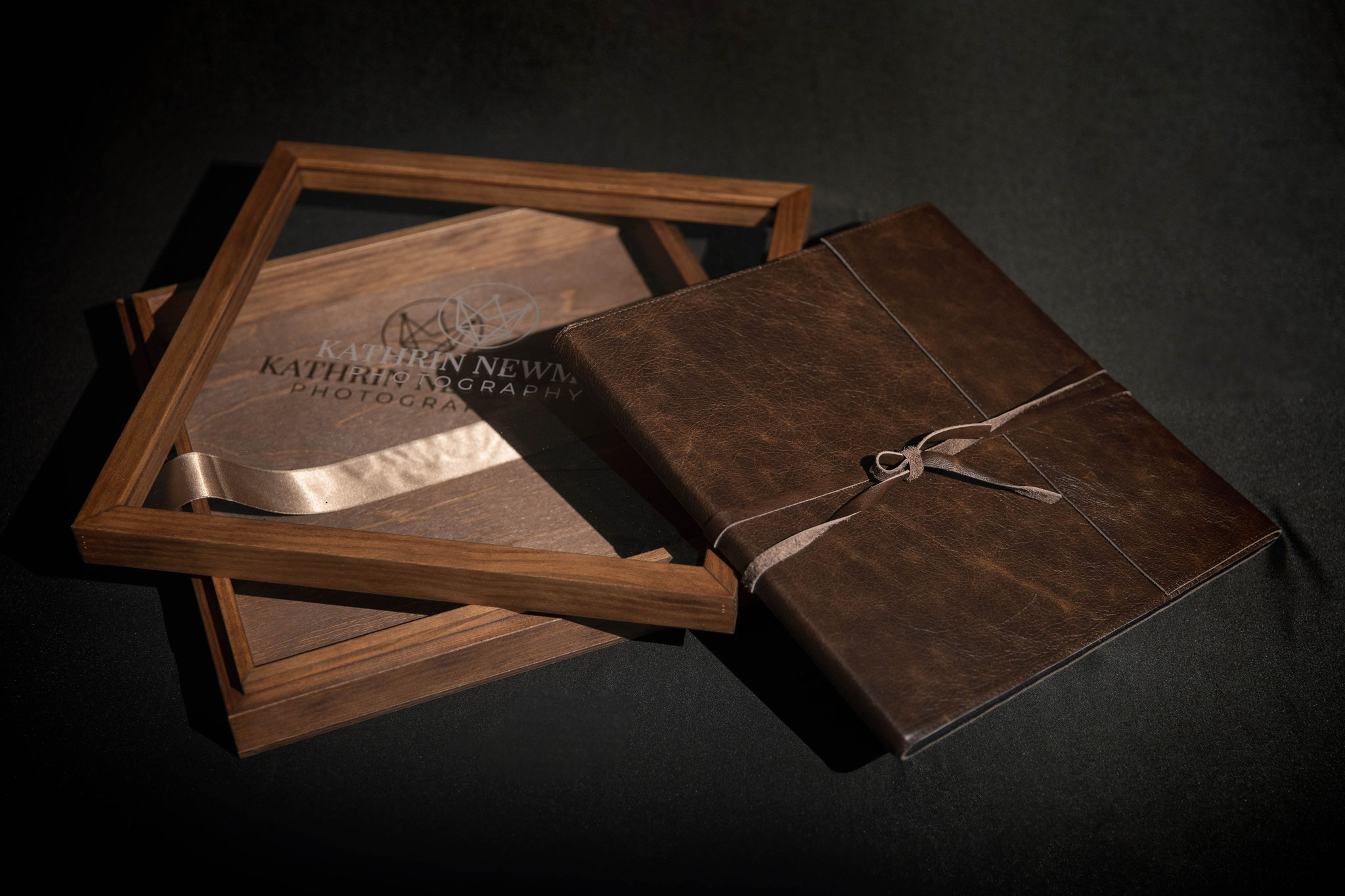 rustic album with dark brown leather in a wooden box