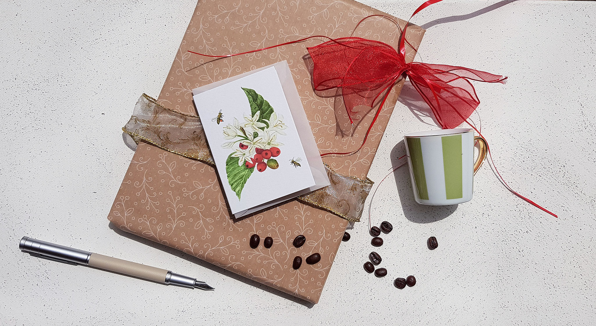 Mini-Klappkarte Kaffeeblüte;  Illustration © 2023 Marion Gnadl, Huglfing