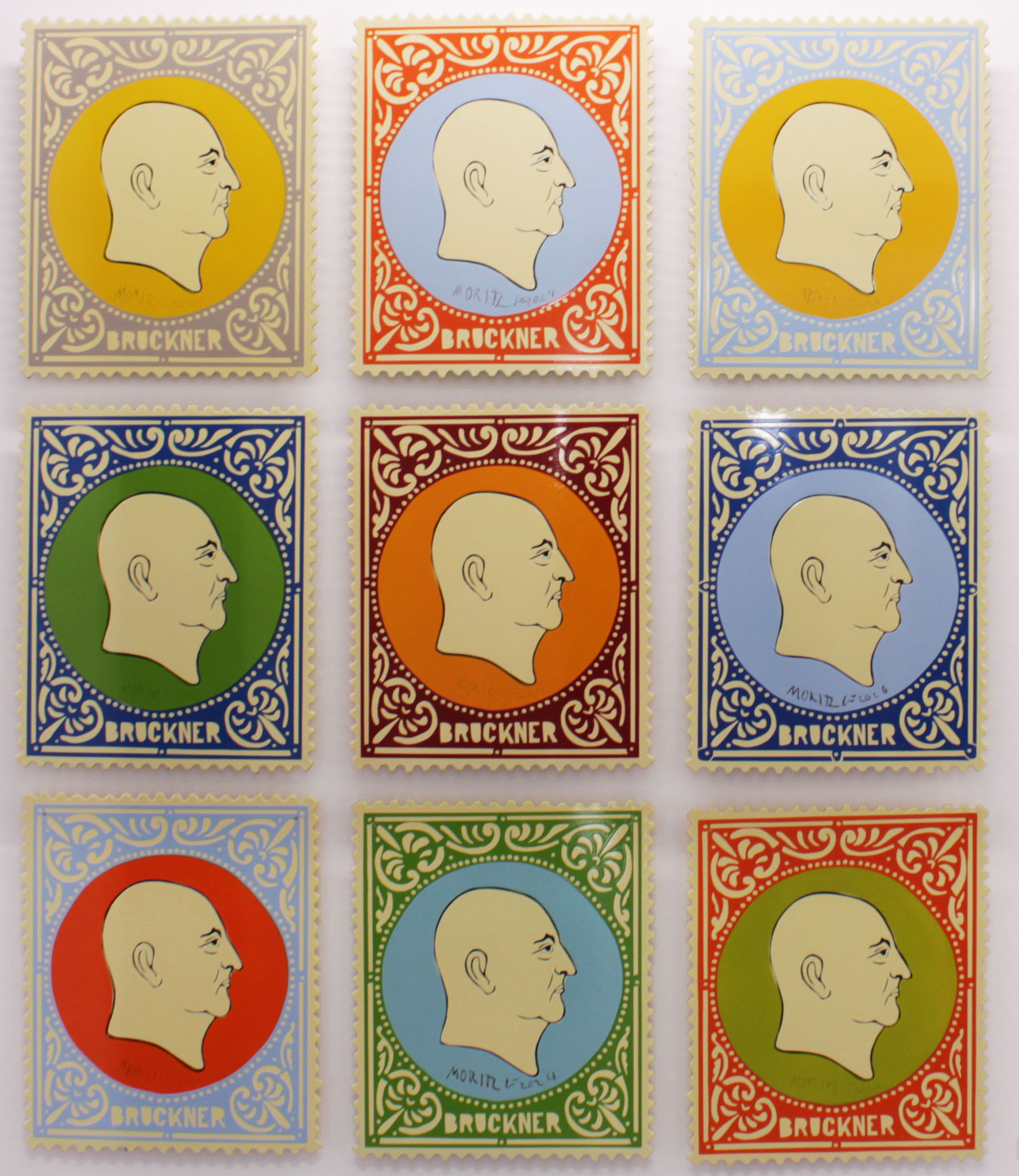 Moritz Götze, Bruckner - Briefmarken, 2024, Emaillemalerei, 60 x 50 cm