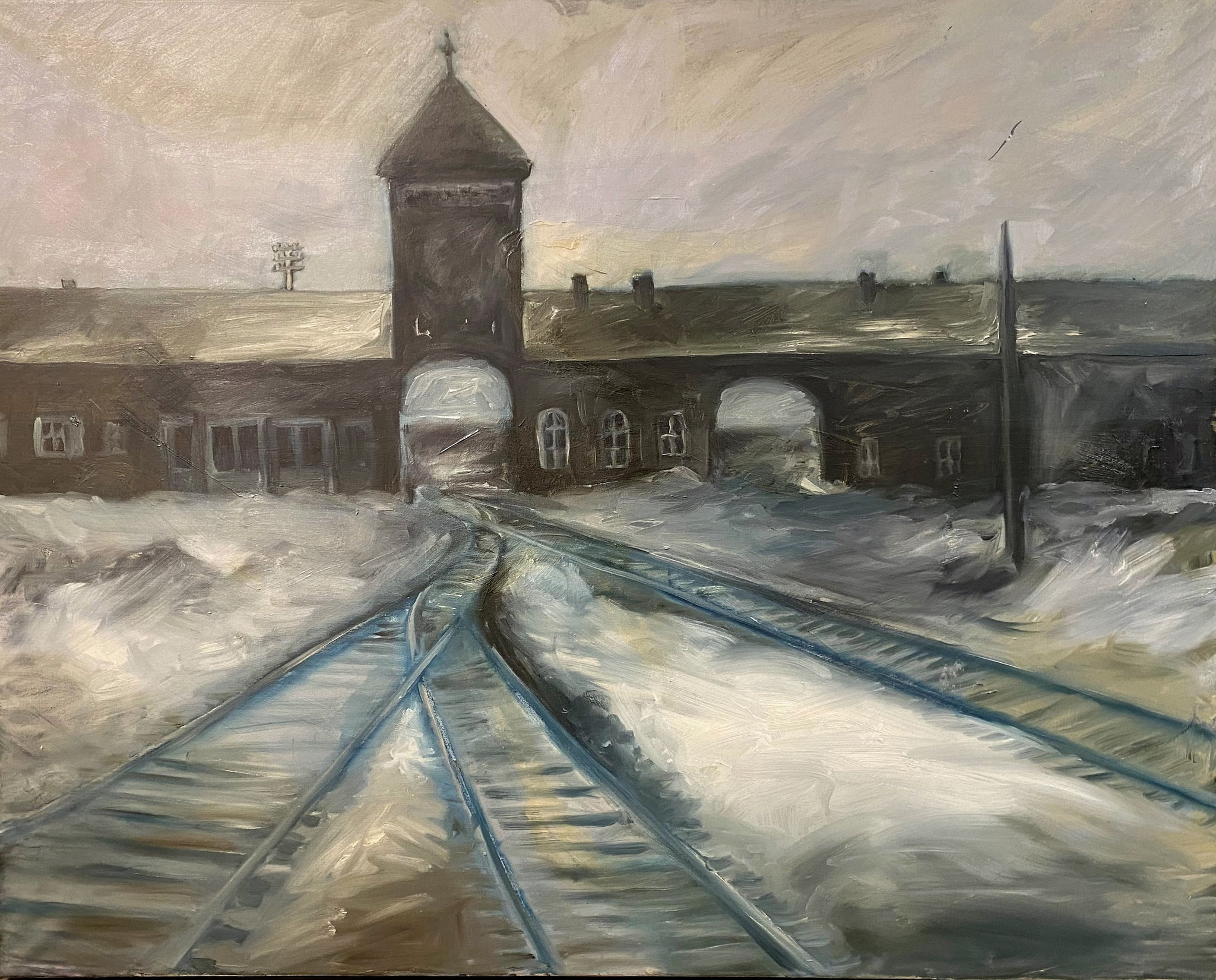 Jürgen Kramer: *Vernichtungslager Auschwitz*, 1986, Öl/Leinwand, 80 x 100 cm