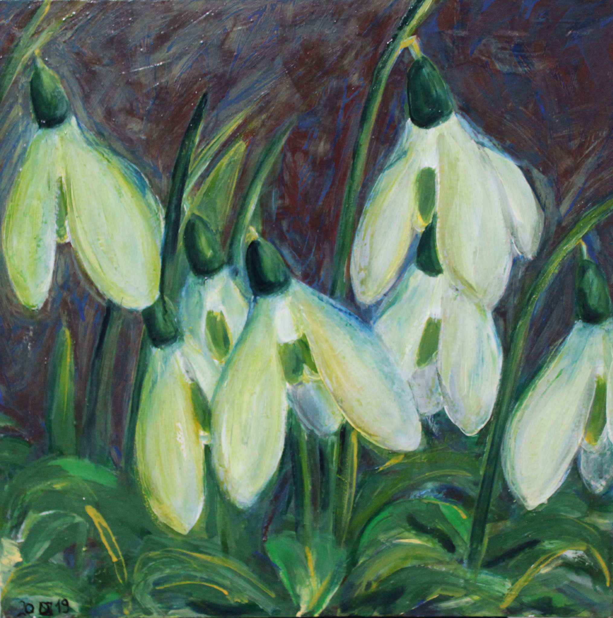 Schneeglöckchen, 2019, Acryl und Öl auf Leinwand, 50 cm x 50 cm x 3,5 cm