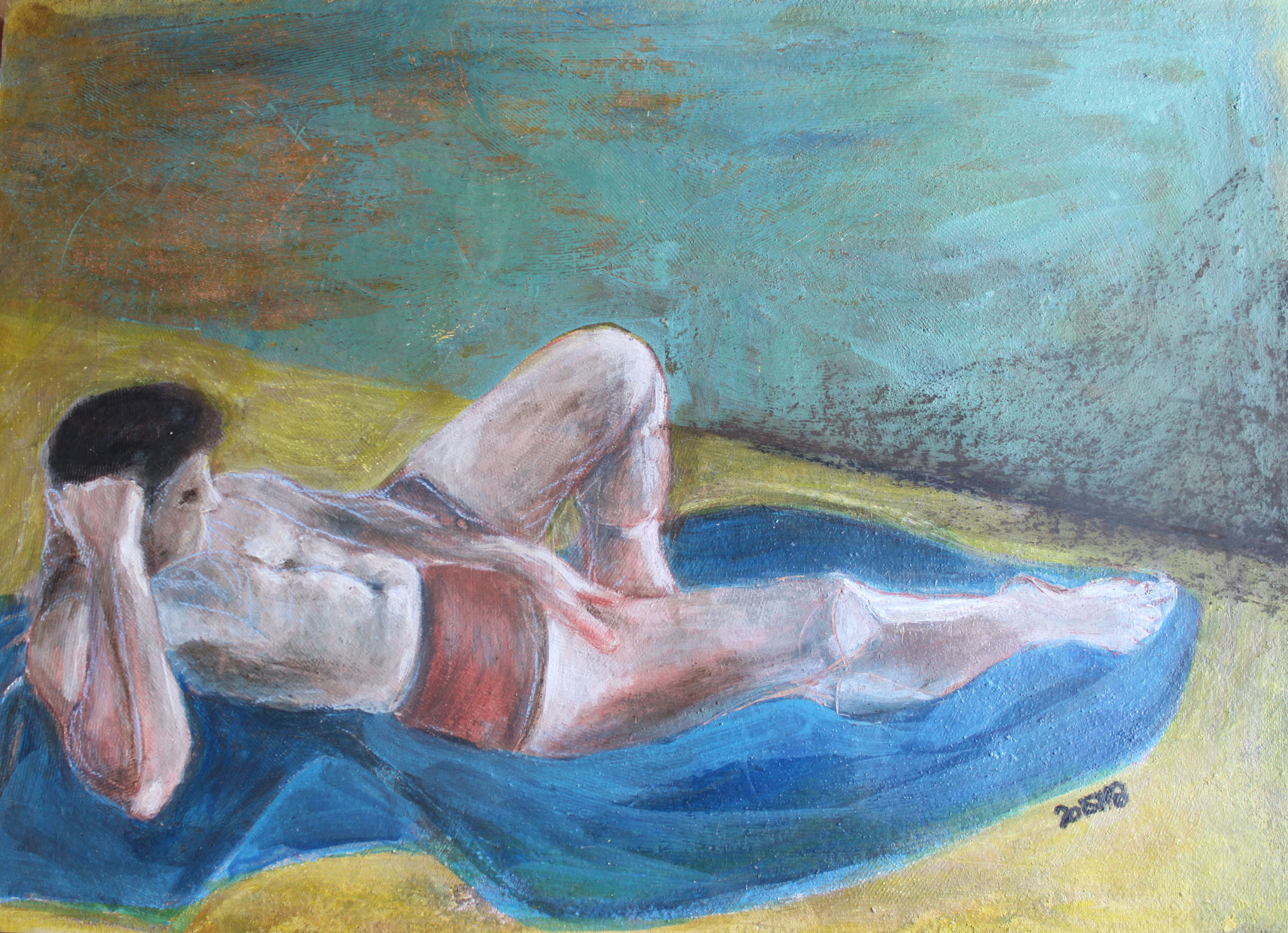 Das blaue Handtuch, Sand und Pigmente auf Karton, 2018, 62,5 cm x 88 cm